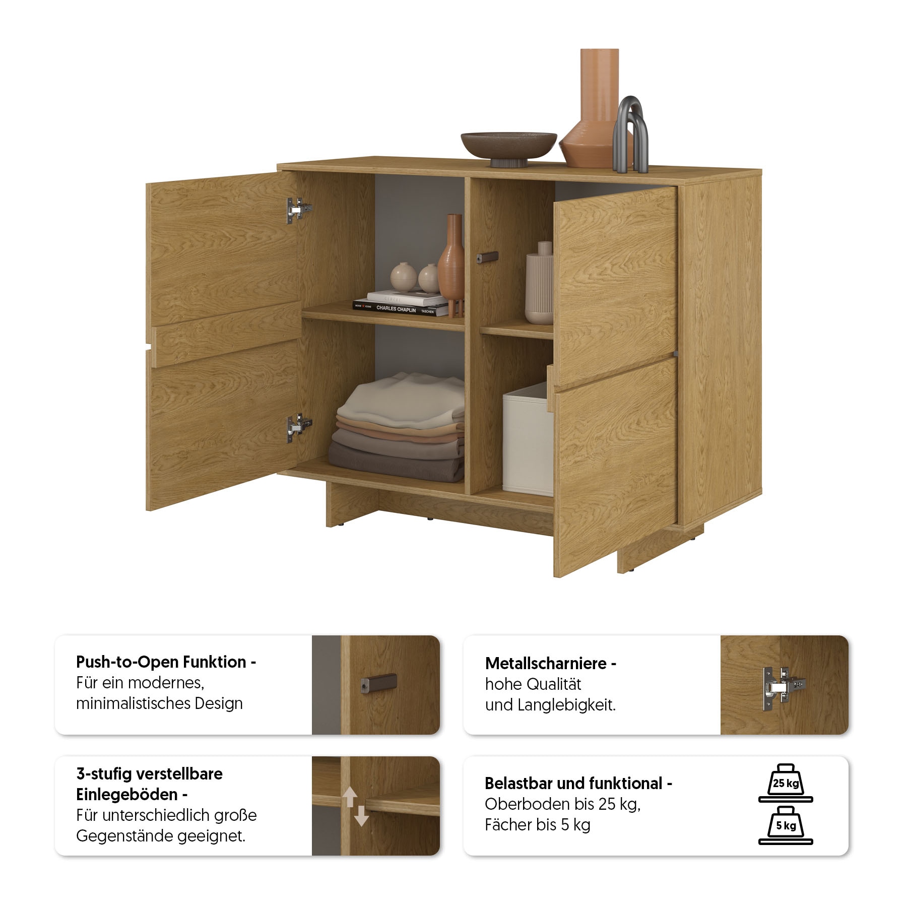 OTTO home Sideboard »Tatami, Stilvolle, moderne grifflose Kommode 2 Türen, Breite 111cm« Anrichte mit viel Stauraum, Böden verstellbar, push-to-open-Funktion