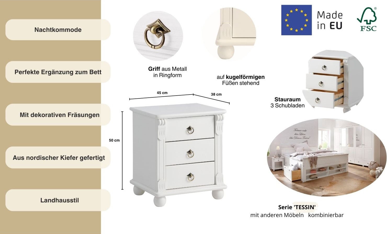 Home affaire Nachtkommode »Tessin«, aus massiver FSC®-zertifizierter Kiefer, mit 3 Schubladen