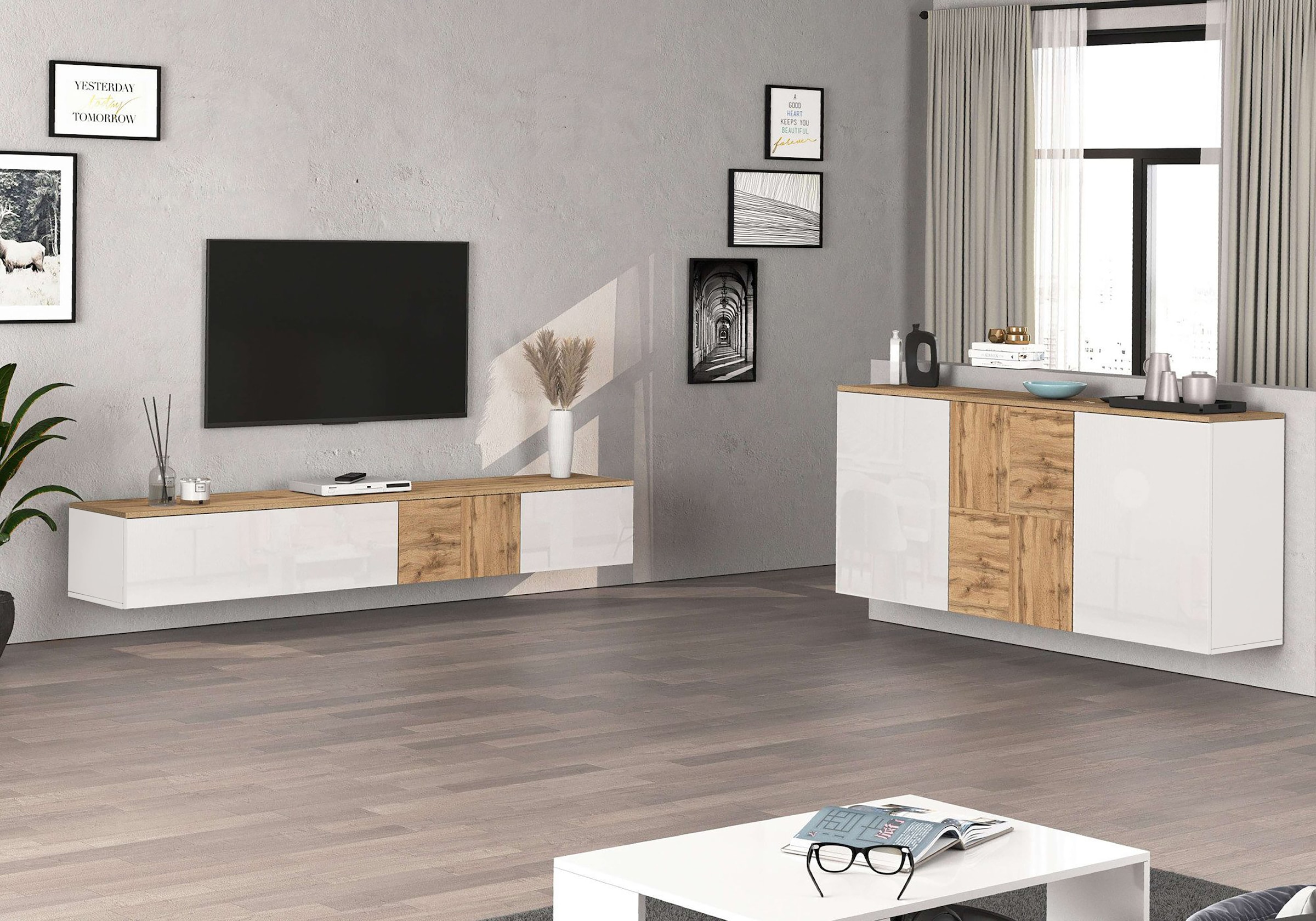 OTTO home Lowboard »ISEO, TV-Kommode,TV-Möbel,TV-Bank, 3 Fächer, Breite 200 cm« 1 Stk. tlg. stehend/hängend, 1 Klappe, 2 Türen Hochglanz lackiert, Made in Italy
