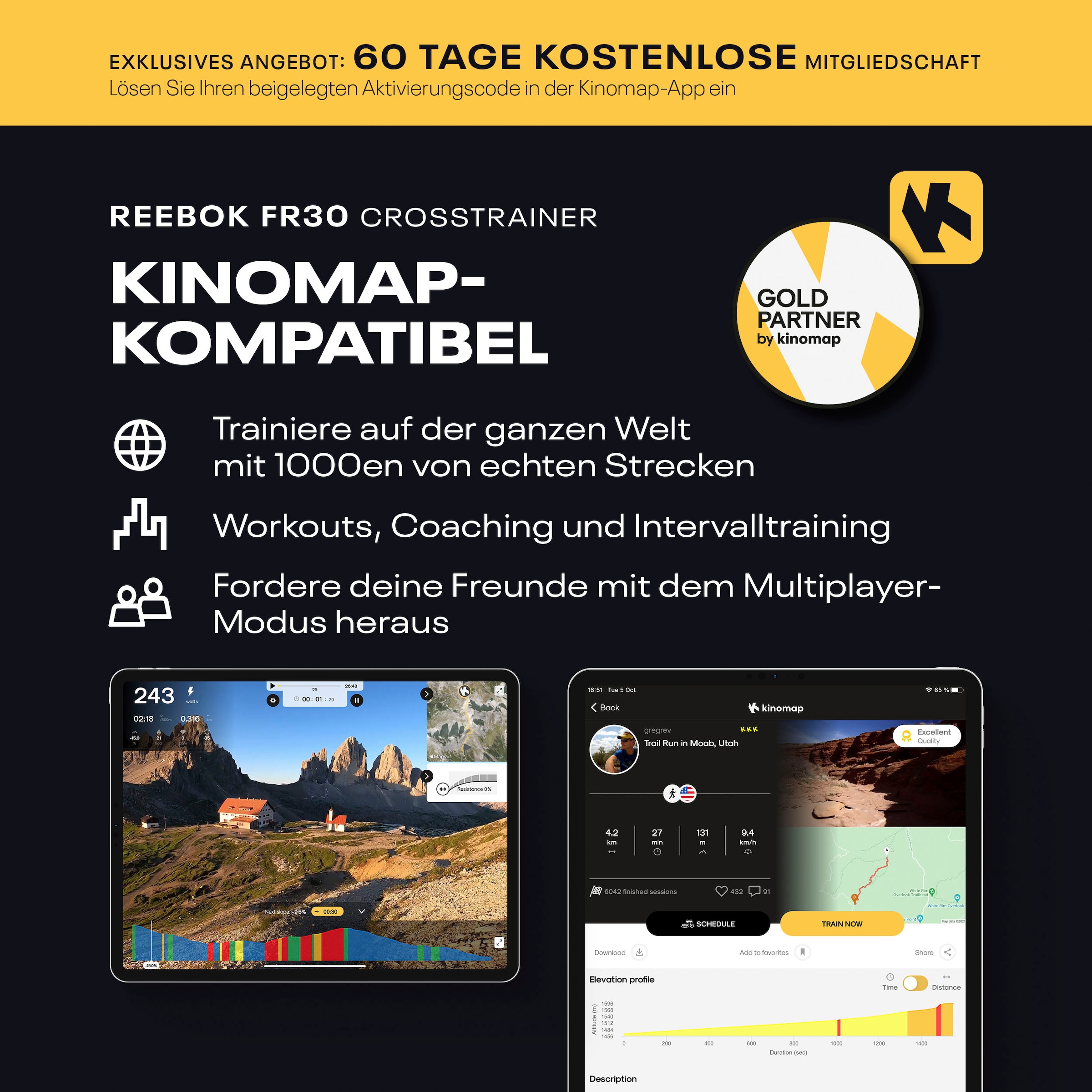 Reebok Crosstrainer-Ergometer »FR30«, (mit Tablet-Halterung und integr. Pulsempfänger), Schwungmasse ca. 4 kg, 18 Widerstandsstufen