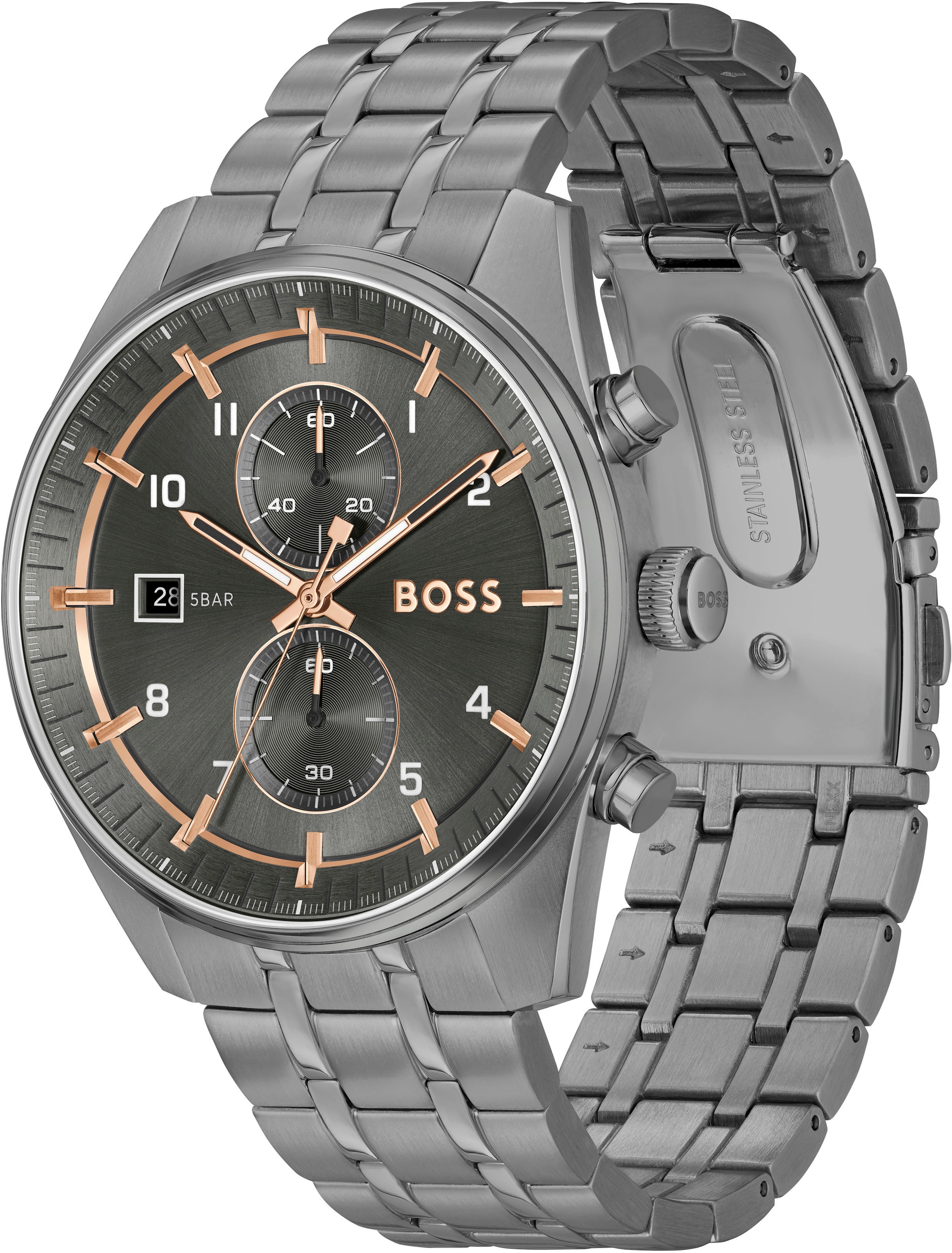 BOSS Chronograph »SKYTRAVELLER« Quarzuhr, Armbanduhr, Herrenuhr, Edelstahlarmband, analog, Tag