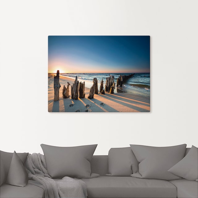 Alubild, als »Sonnenuntergang Größen Wandaufkleber Strand Meer in Leinwandbild, Poster Wandbild Raten kaufen Bilder, auf versch. St.), oder (1 Artland Wellenbrecher«,