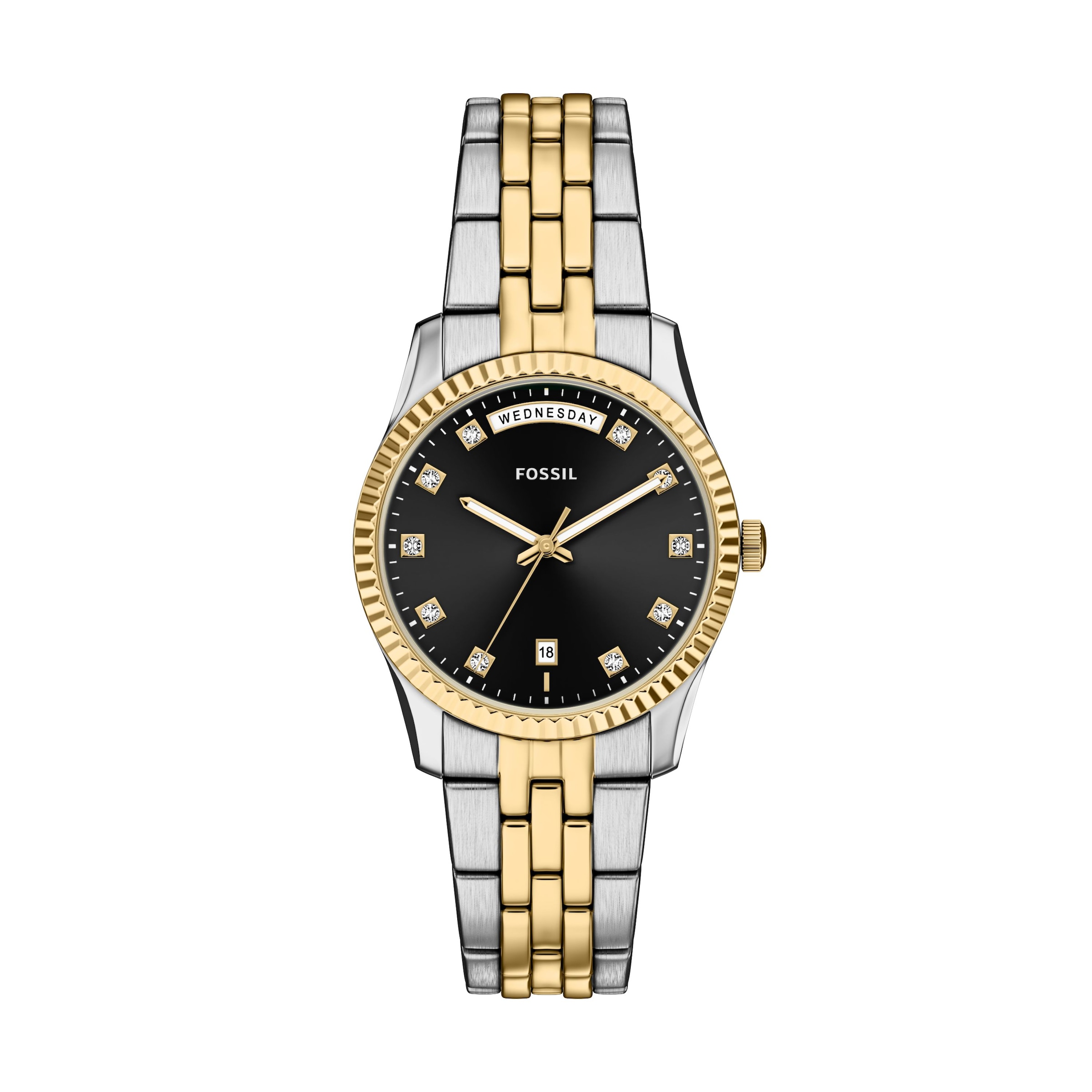 Fossil Quarzuhr »Scarlette« Armbanduhr, Damenuhr, Edelstahlarmband, analog, Tag, Wochentag