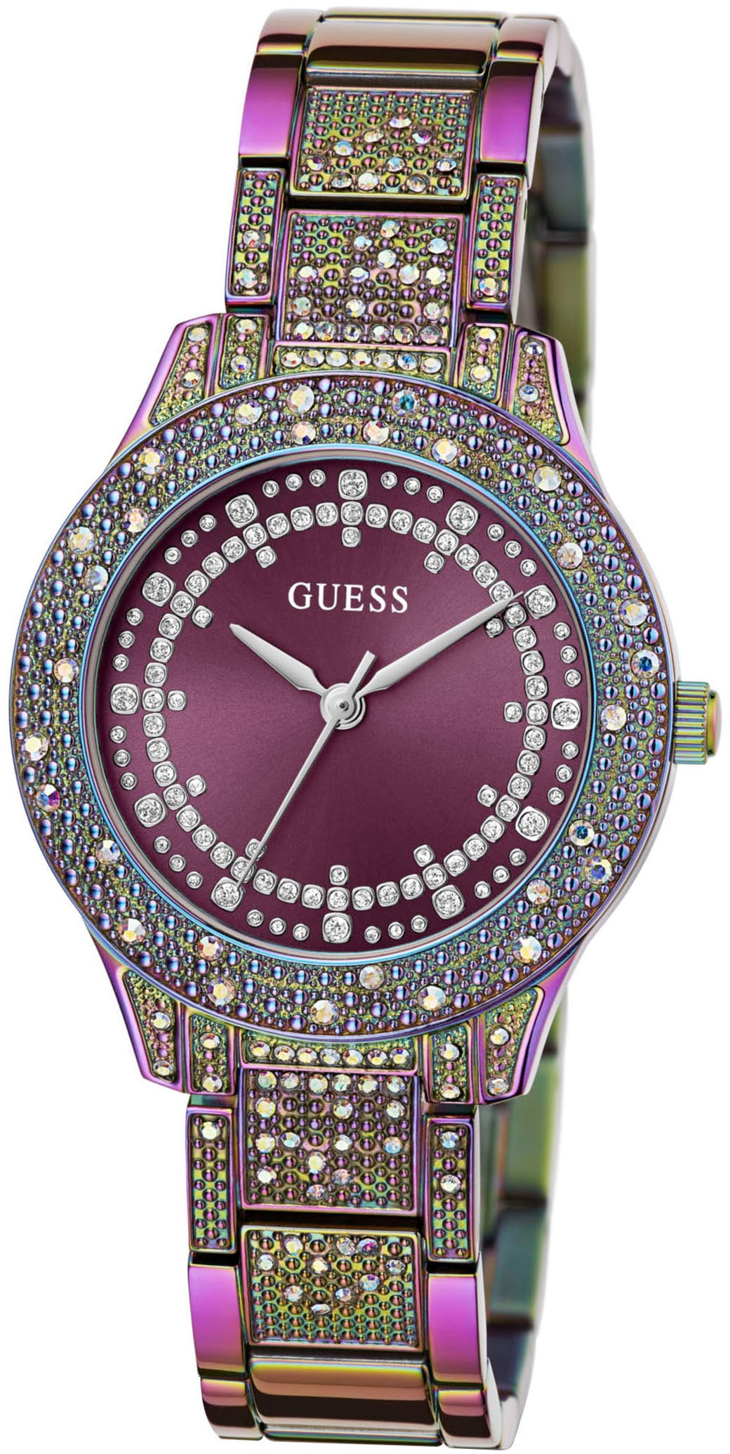 Guess Quarzuhr »SHOOTING STAR«, Armbanduhr, Damenuhr, Kristallsteine, Mineralglas, Edelstahlarmband