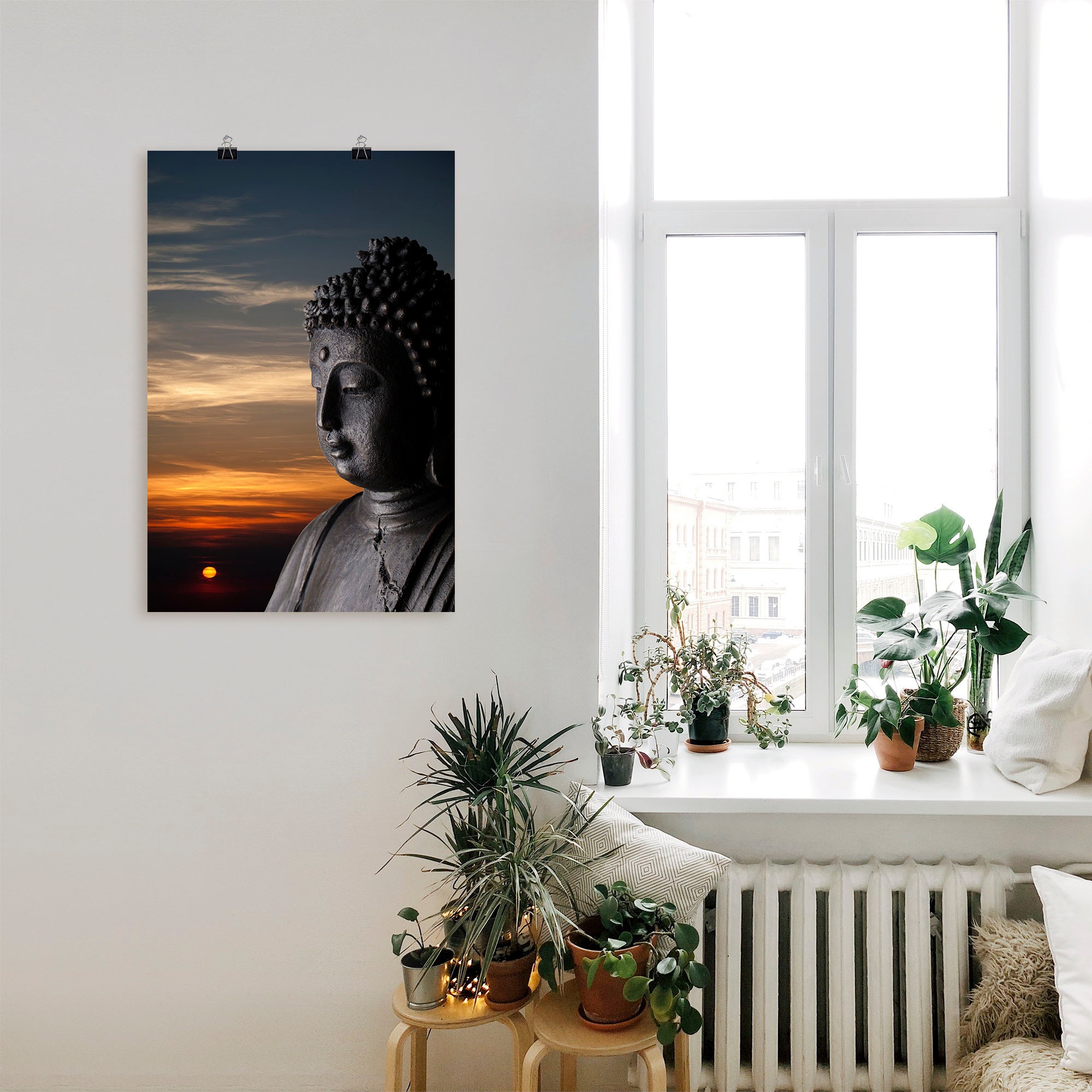 Raten Sonnenuntergang«, Wandaufkleber Statue Wandbild vor versch. »Buddha Alubild, bestellen Artland Größen (1 als Buddhismus, Leinwandbild, Poster St.), oder auf in
