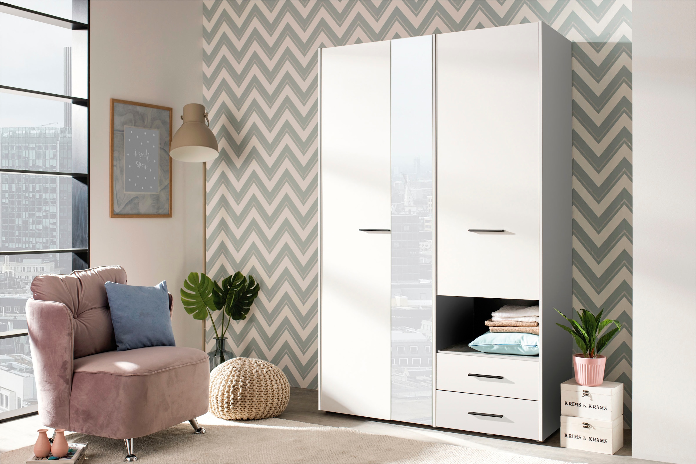INOSIGN Kleiderschrank »Leon, FSC® -zertifiziertem Holzwerkstoff«, mit Spiegel, Innenausstattung und 2 Schubladen, 127,5x55x205,5cm