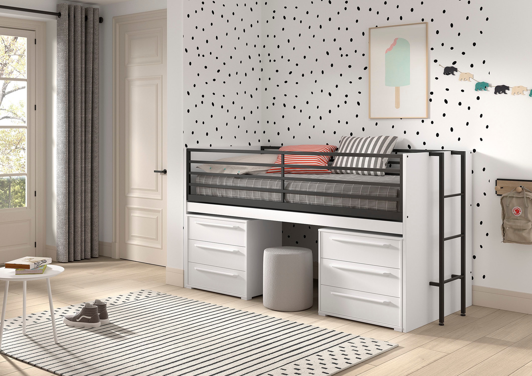 Vipack Stauraumbett »Sam, schlafen und arbeiten in einem, wahlweise Eiche- oder Weiß-Dekor« Liegefläche 90x200 cm, darunter eine große ausziehbare Schreibplatte,  mit Absturzschutz, Leiter u. Stauraum, pflegeleichte Dekor Oberfläche