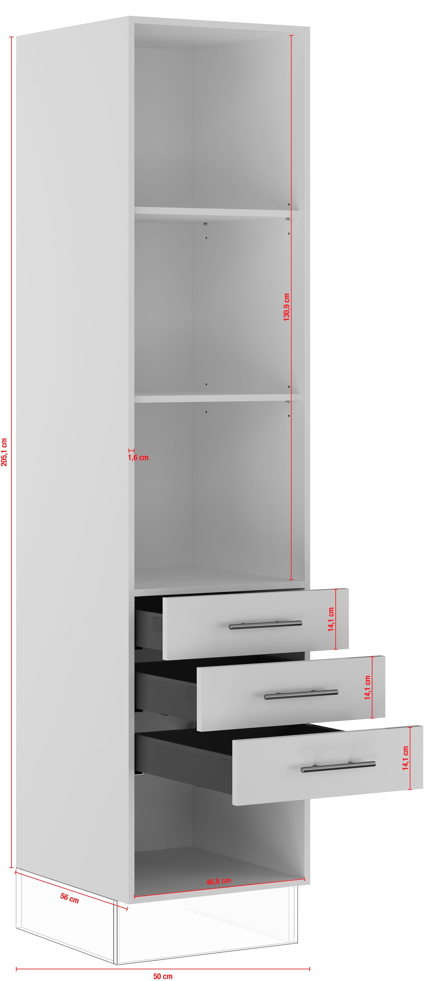 IMPULS KÜCHEN Seitenschrank »"Valencia", Breite/Höhe: 50/205,1 cm, mit Soft-Close«, vormontiert, mit Schubkästen, mit verstellbaren Fachböden
