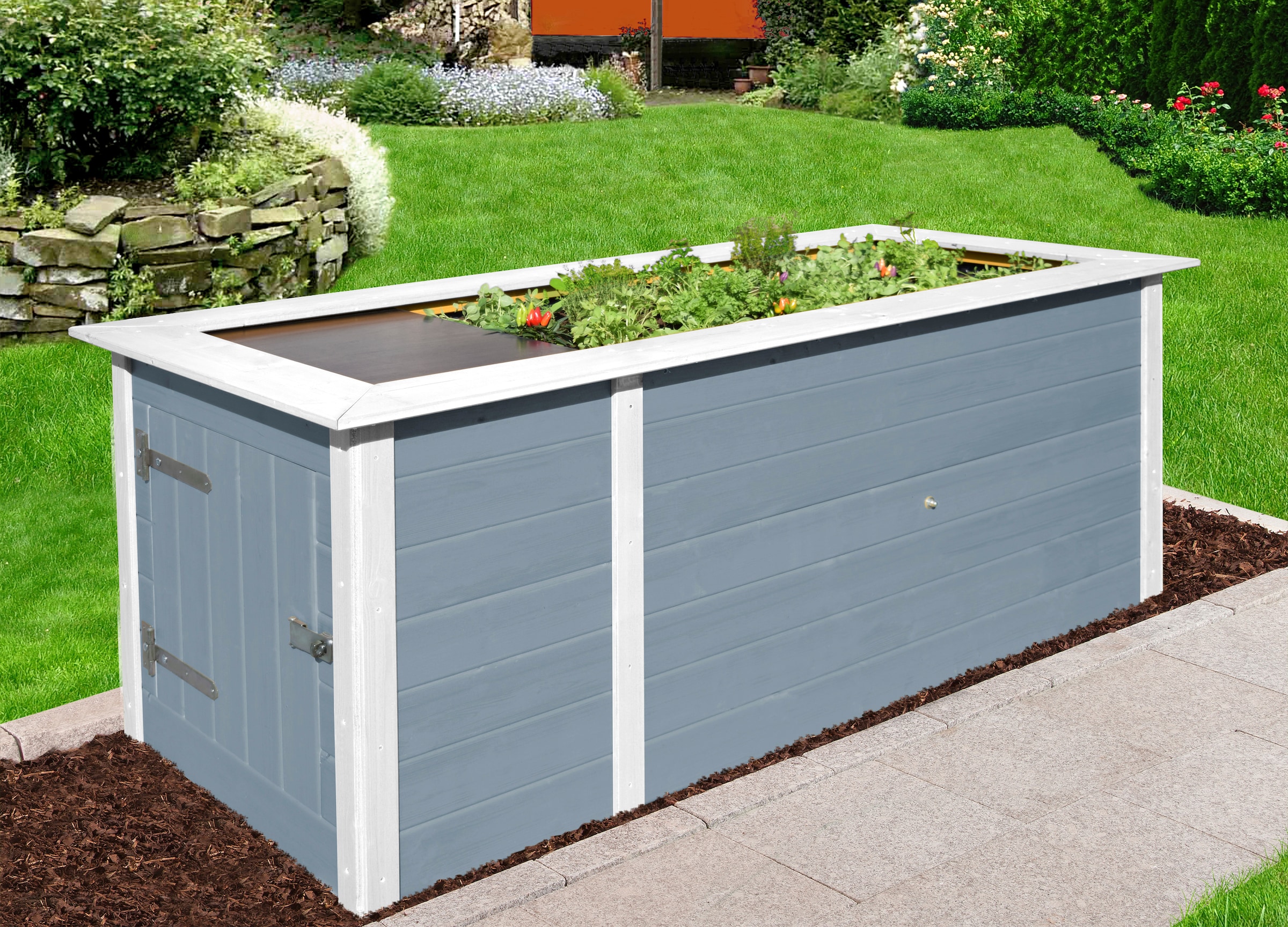 weka, Hochbeet BxTxH: 205x80x81 cm, mit Anbauschrank, grau/weiß, Massivholz, B/H/T: 205 cm x 81 cm x 79 cm, grau/weiß