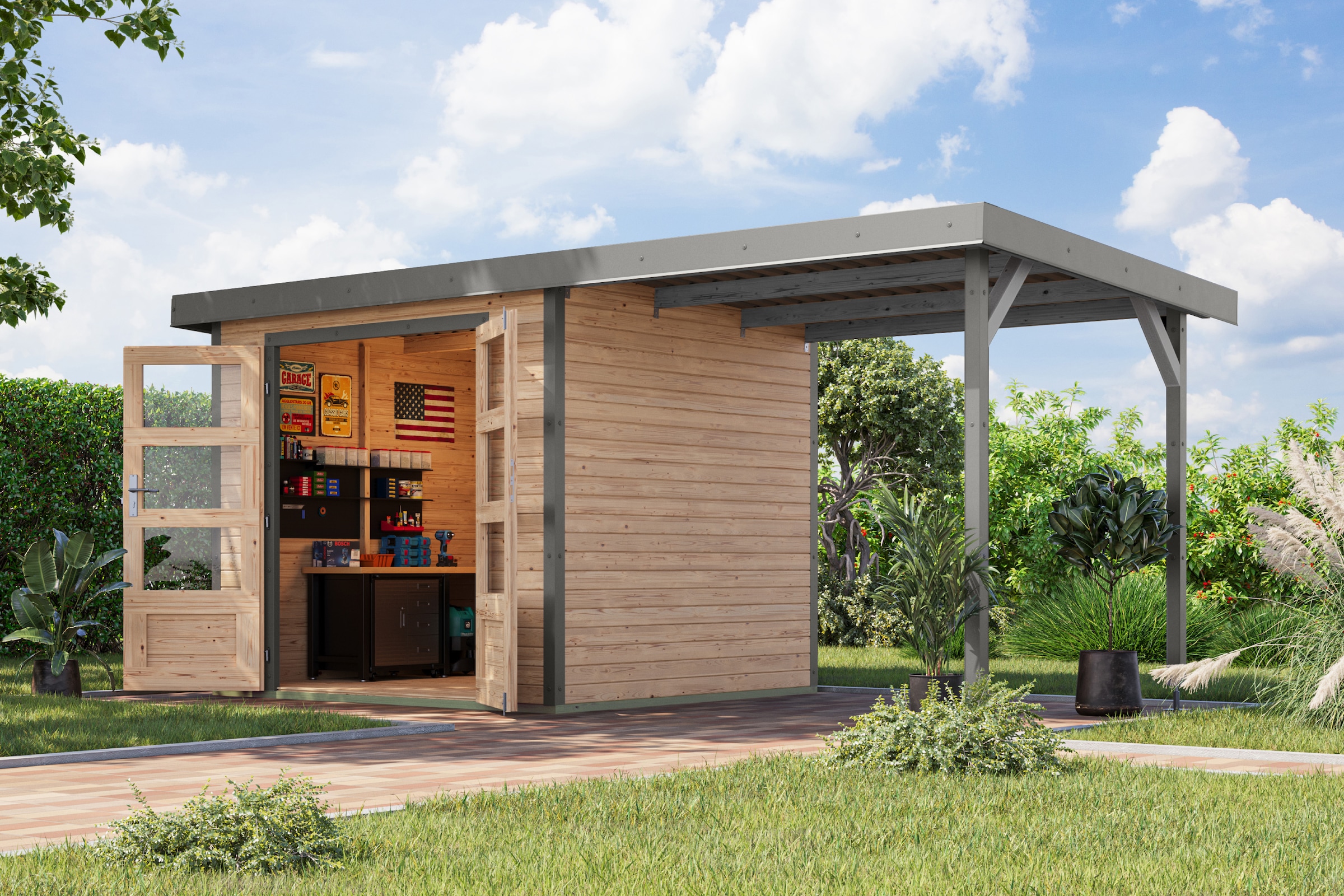 Karibu Gartenhaus »Jupiterino 3  SET, in verschiedenen Farben« inkl. Anbaudach