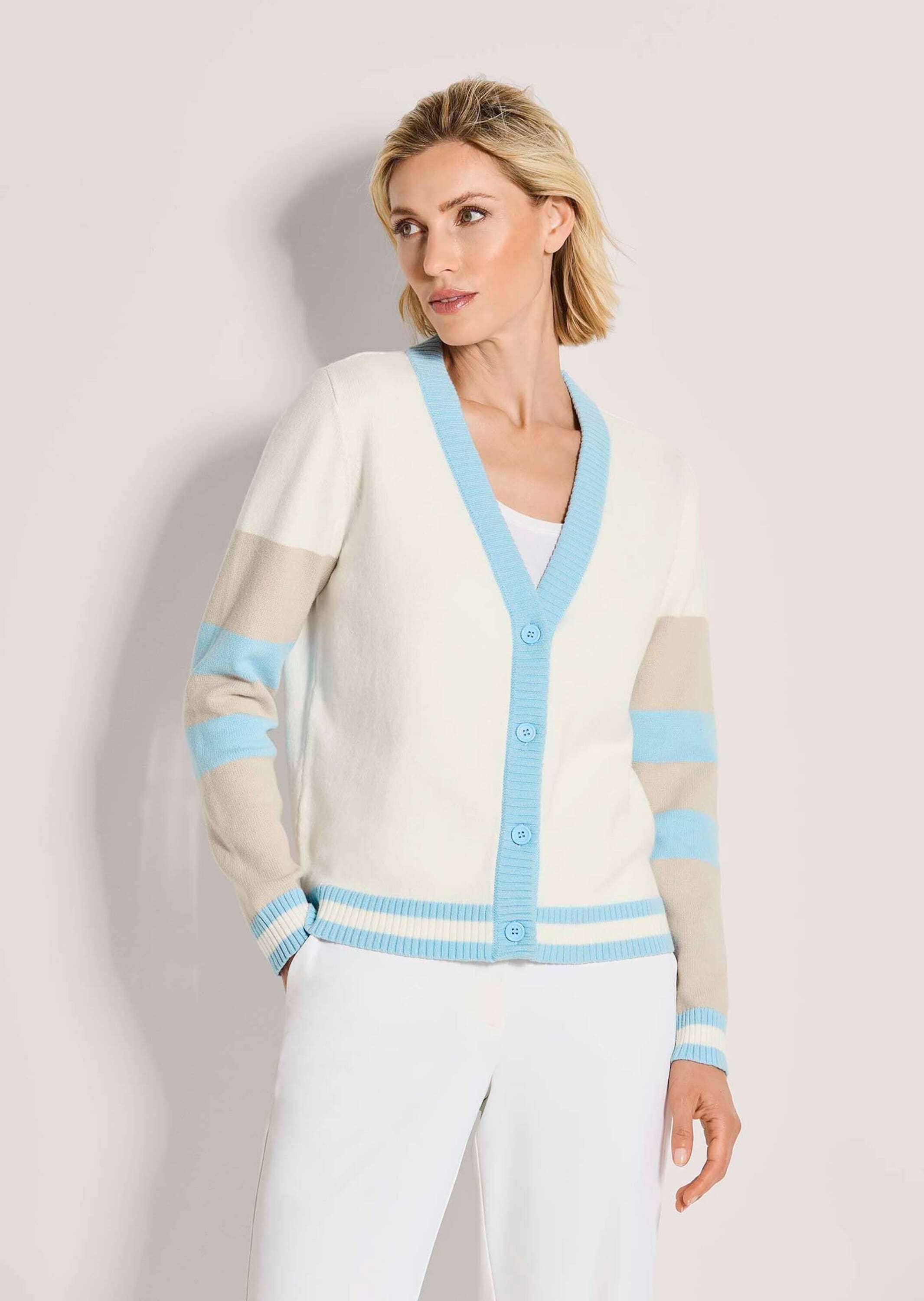 MADELEINE Strickjacke »Strickjacke Leichter Cardigan, V-Ausschnitt, Streifenmuster« Farblich abgesetzte Knopfleiste