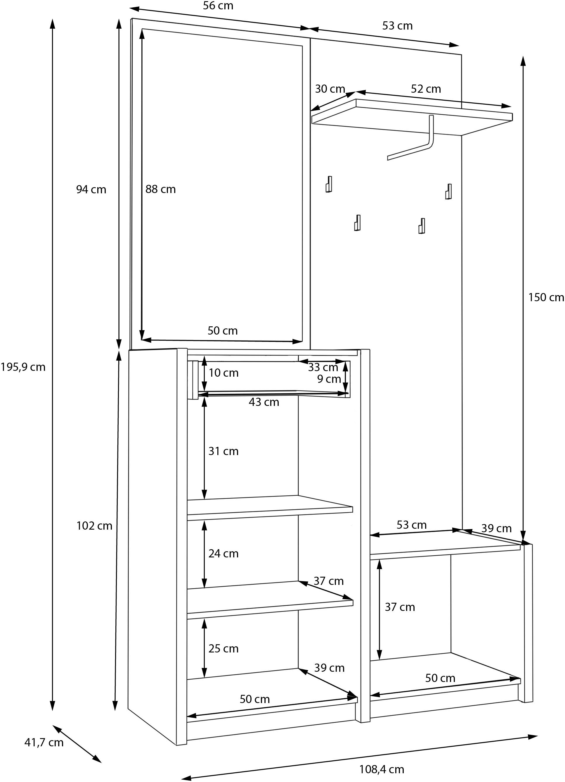 FORTE Kompaktgarderobe »Oak Squere«, B/H/T 108,4 /195,9/41,7 cm Spiegel, Haken, Kleiderstange