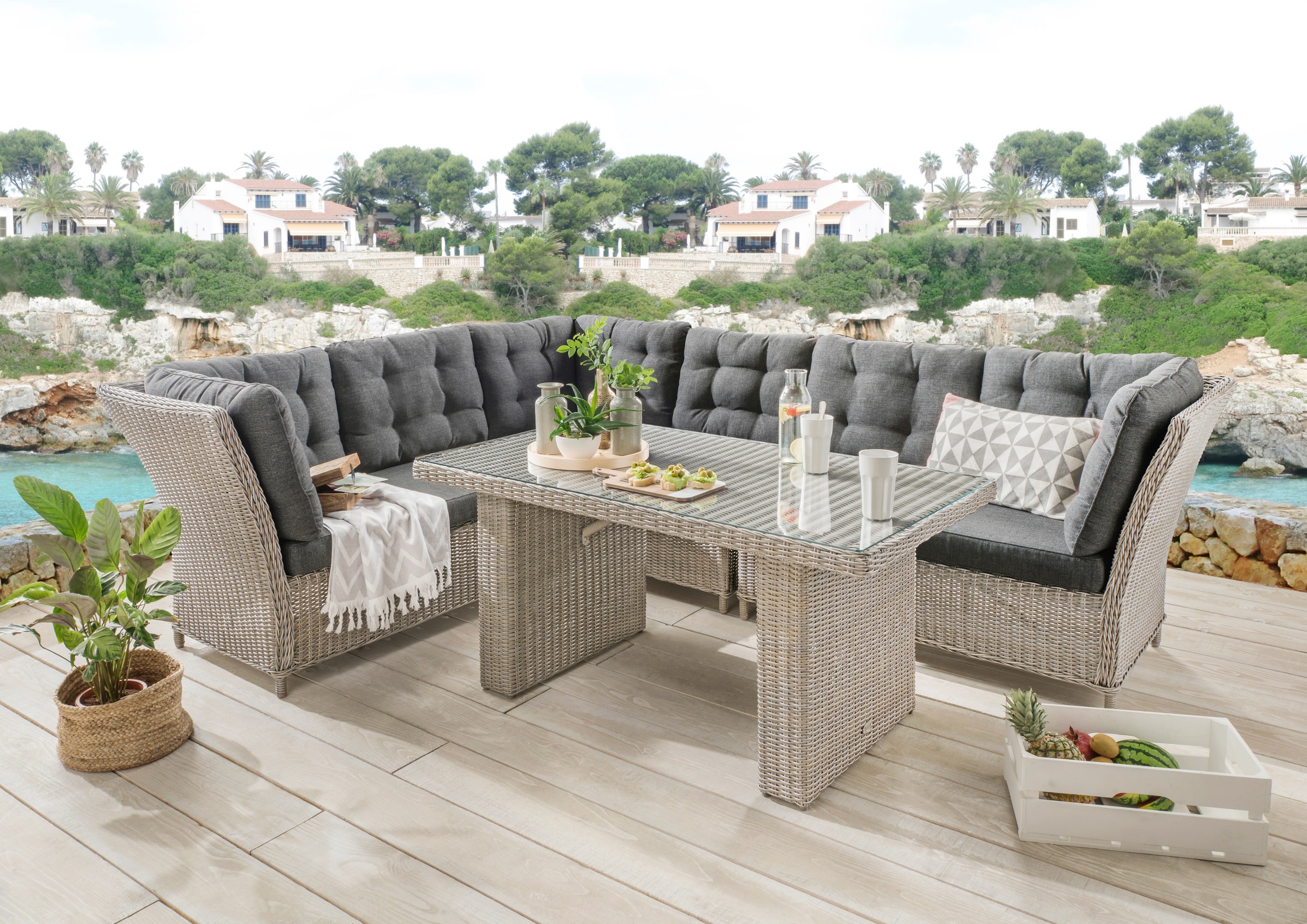 Destiny Garten-Essgruppe "PALMA" 2x Schenkel, 1x Eckmodul, 1x Singlemodul, 1x Tisch, inkl. Auflagen, 19 Stk. tlg. Aluminium, Polyrattan