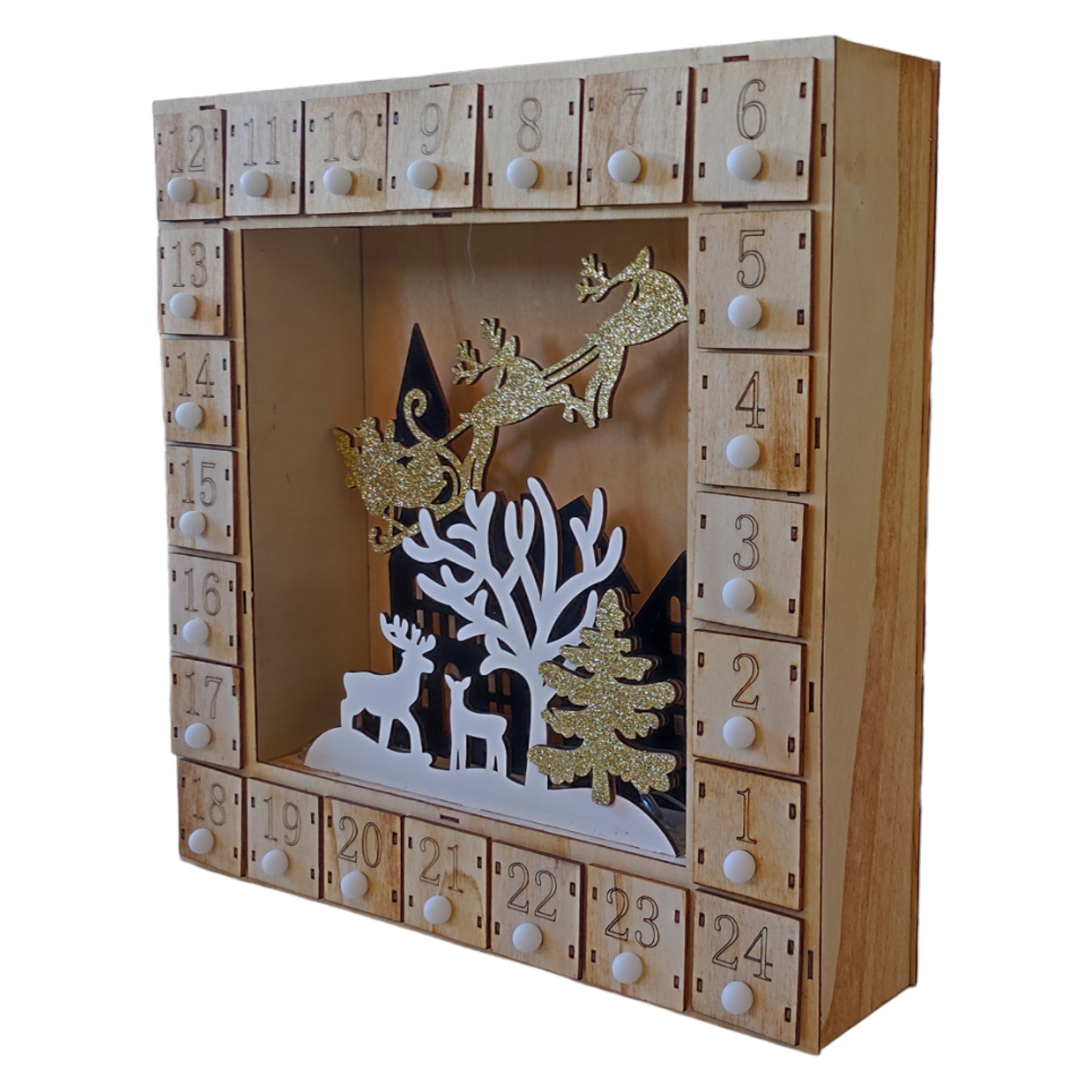 SHX Dekoobjekt »Adventkalender mit Motiv "Haus"«, LED-Licht, liebevoll gestaltetes Motiv, Kästchen mit 4x4 cm