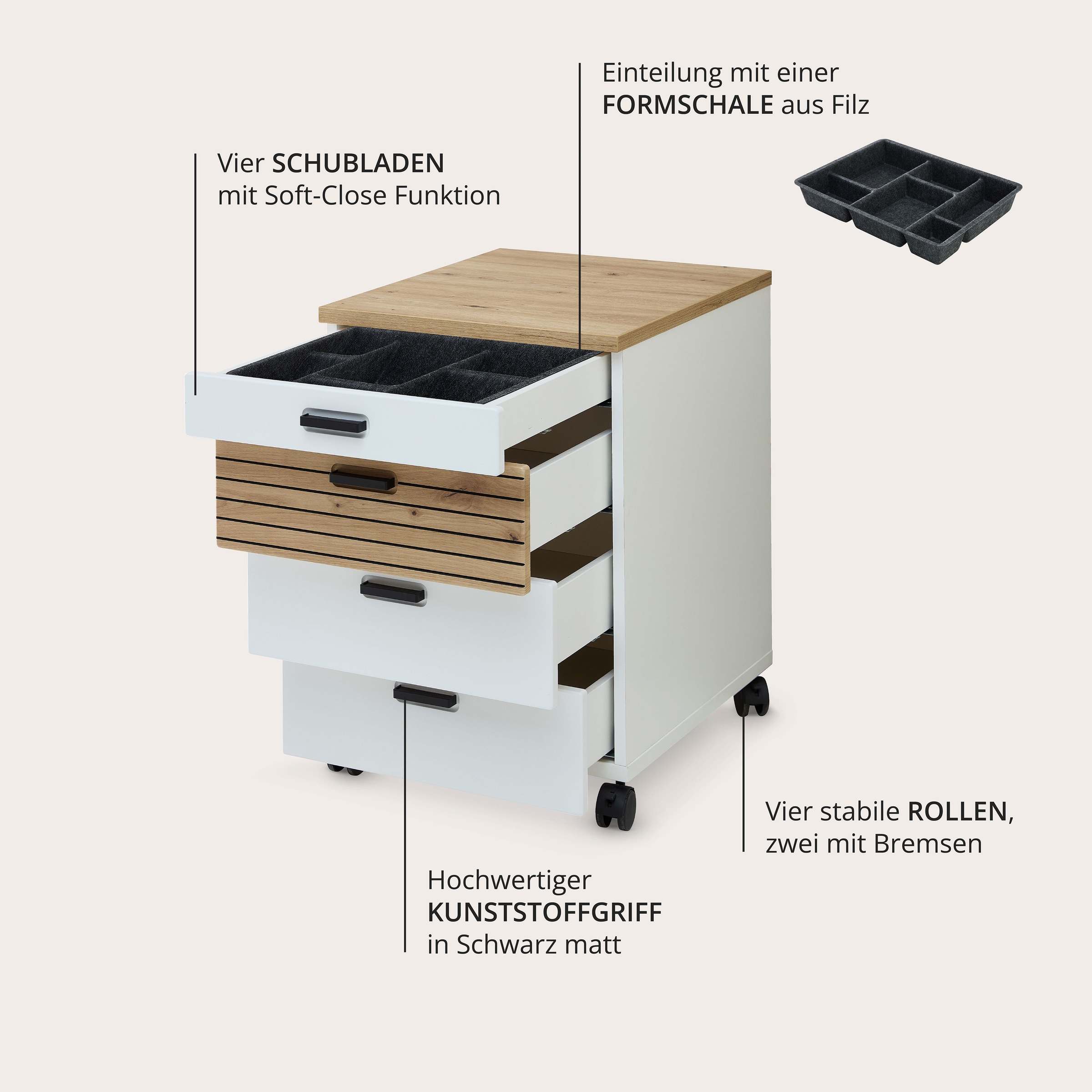 Innostyle Rollcontainer »Rollcontainer Glenn, 45 x 66 x 55 cm (B/H/T)« 1 Stk. tlg. inkl. Filzeinlage, 4 Rollen(2 mit Bremsen) oder Sockel, SK Soft-Close