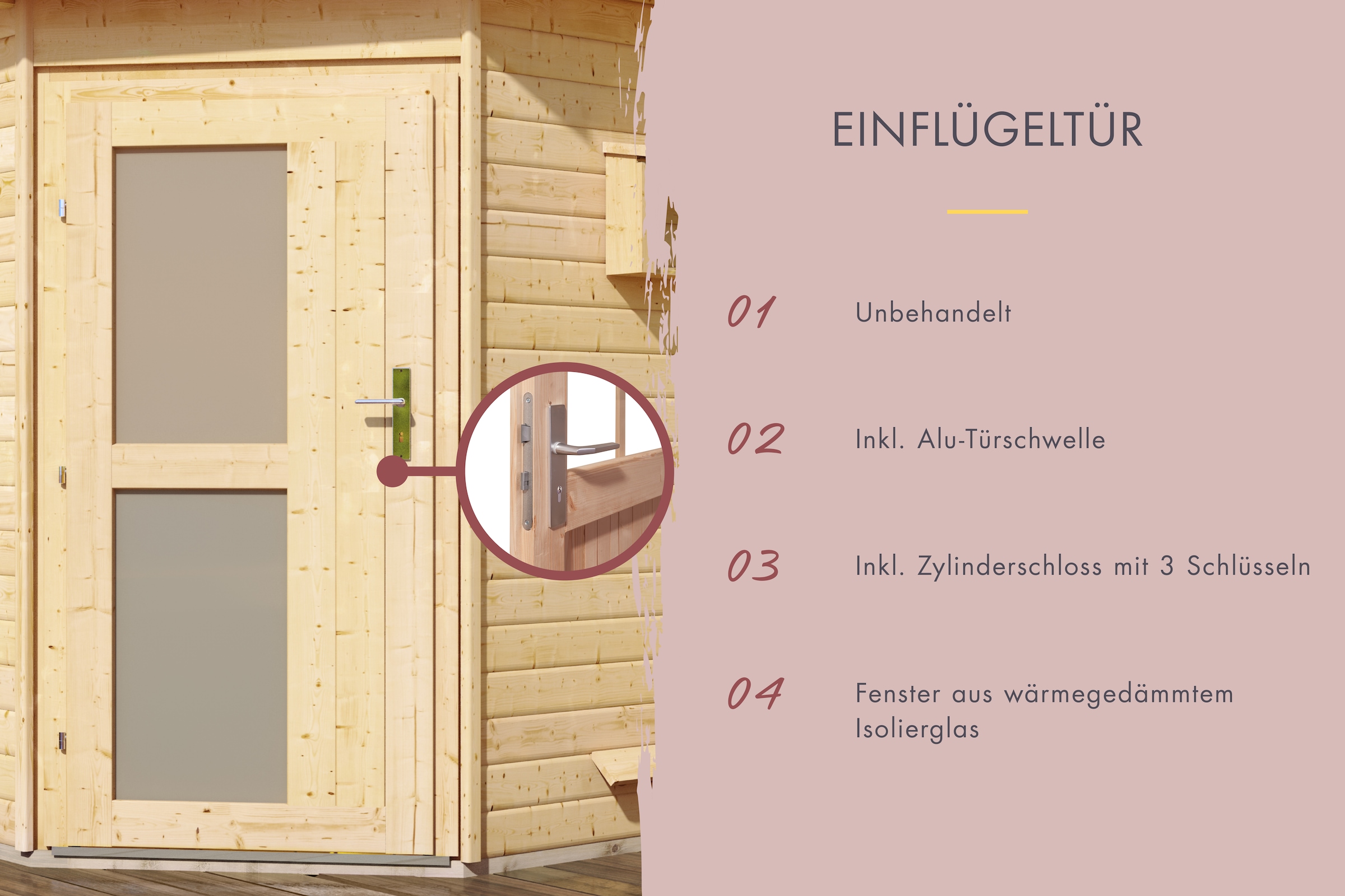 Karibu Saunahaus »»Simon 1« mit Milchglastür, naturbelassen« Set, 