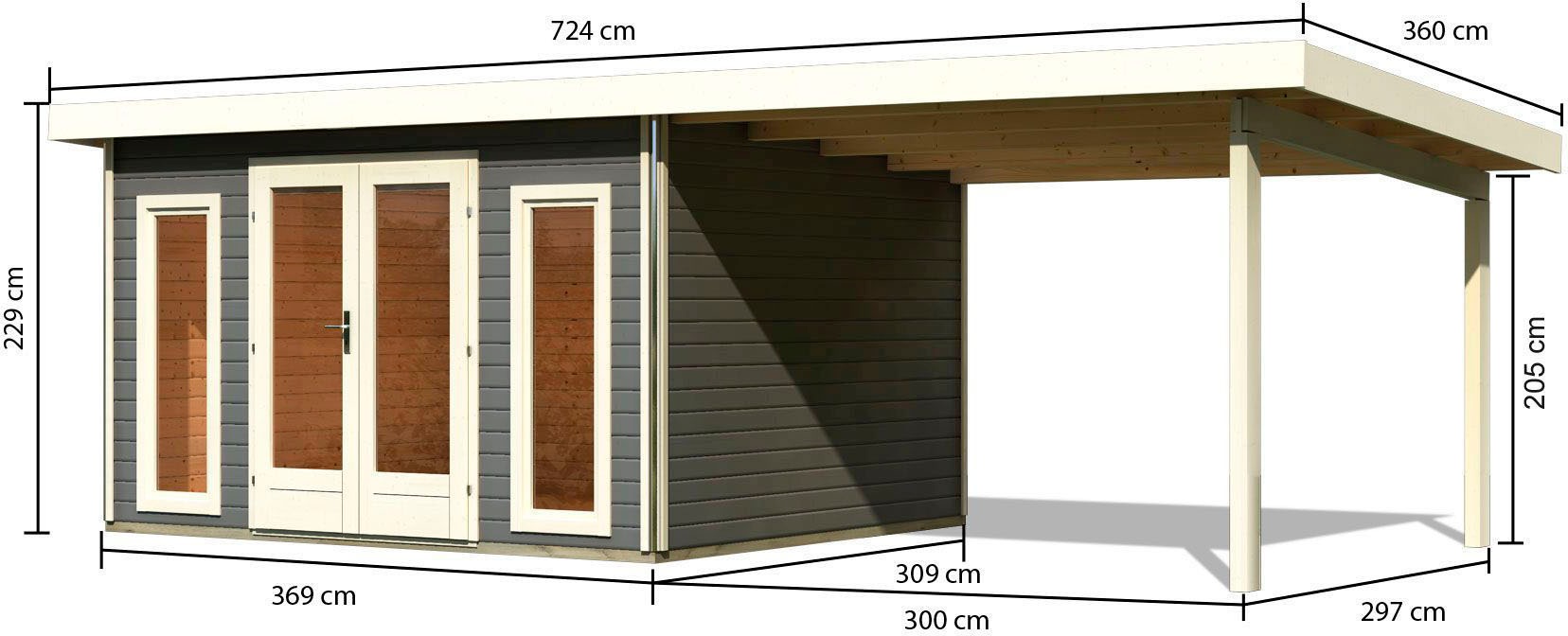 Karibu Gartenhaus »Rabensee 2« mit Anbaudach 3,3 m, terragrau