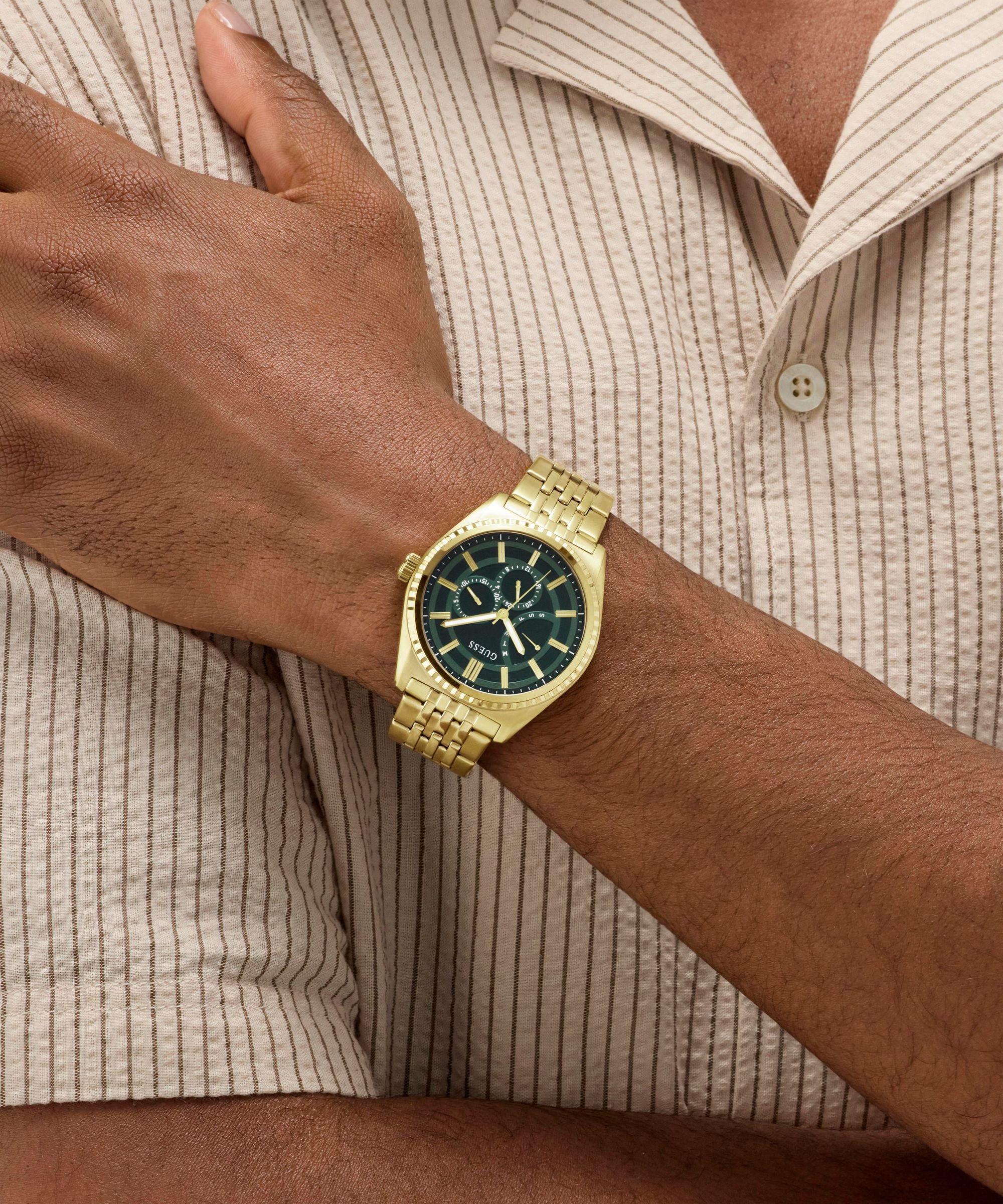 Guess Multifunktionsuhr »CAMDEN« Quarzuhr, Armbanduhr, Herrenuhr, Edelstahlarmband, analog, Wochentag