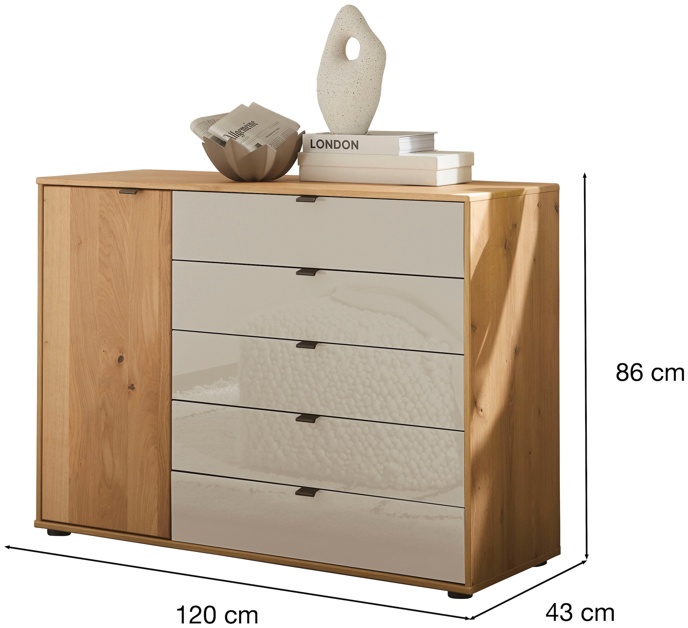 WIEMANN Kombikommode »Cardiff Sideboard, Wäscheschrank, teilmassiv Bianco-Eiche, Schubladen« Kommode 120x86x43 cm, braun, mit Dämpfung, MADE IN GERMANY,  verschiedenen Ausführungen, inklusive Einlegeboden