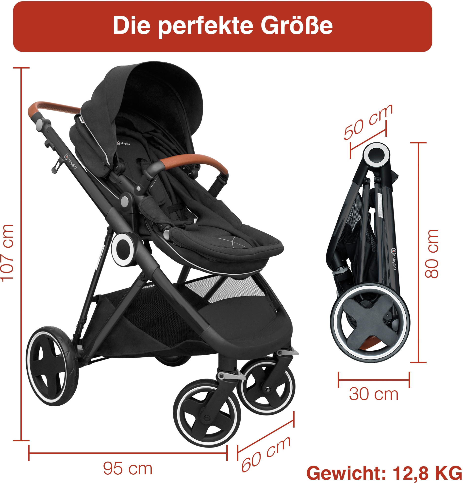 BabyGo Kombi-Kinderwagen »Halime 3in1«, inklusive Babywanne, Babyschale, Regenhaube & Wickeltasche