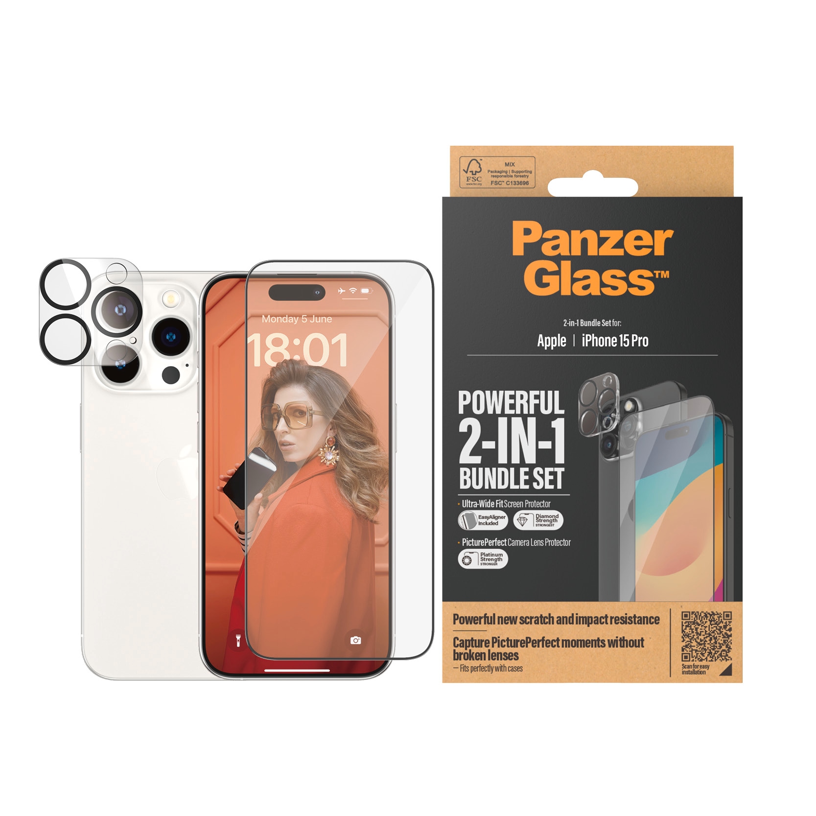 PanzerGlass Displayschutzglas »2-in-1-Pack Screen und Camera Protector«, für iPhone 15 Pro, Ultra Wide Fit