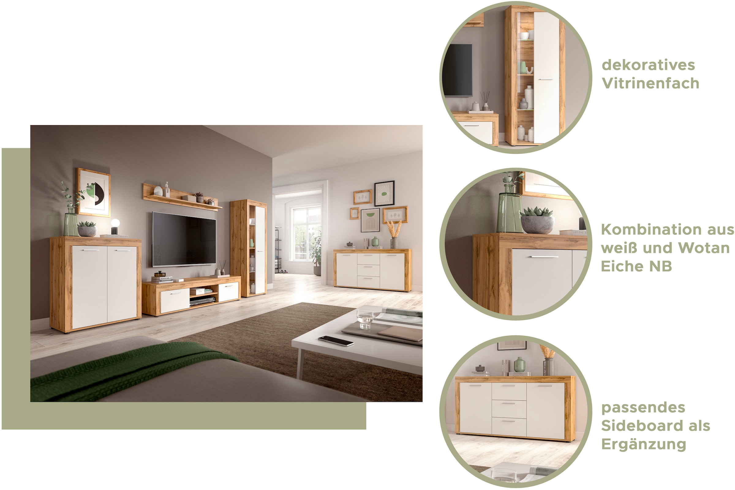INOSIGN Wohnwand »Aosta, Breite 255cm, bestehend aus Highboard, Lowboard, Wandboard« 3 Stk. tlg.