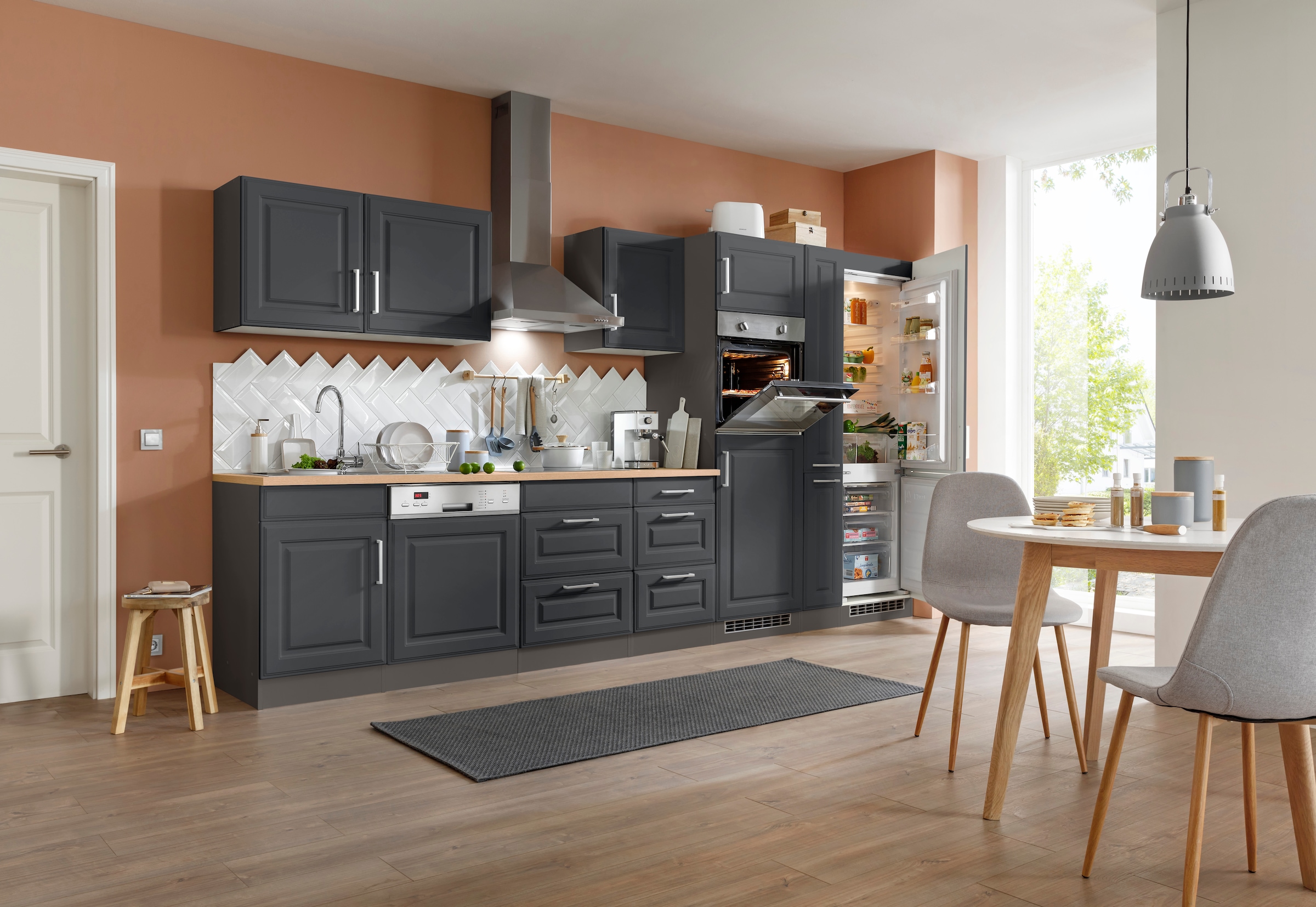 KOCHSTATION Küchenzeile »KS-Stockholm«, Breite 370 cm, mit hochwertigen MDF Fronten im Landhaus-Stil
