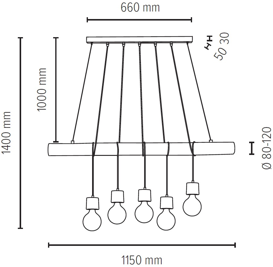 SPOT Light Pendelleuchte »TRABO PINO«, 5 flammig, Leuchtmittel E27 | Leuchtmittel wechselbar, Hängeleuchte, Holzbalken aus massivem Kiefernholz Ø 8-12 cm