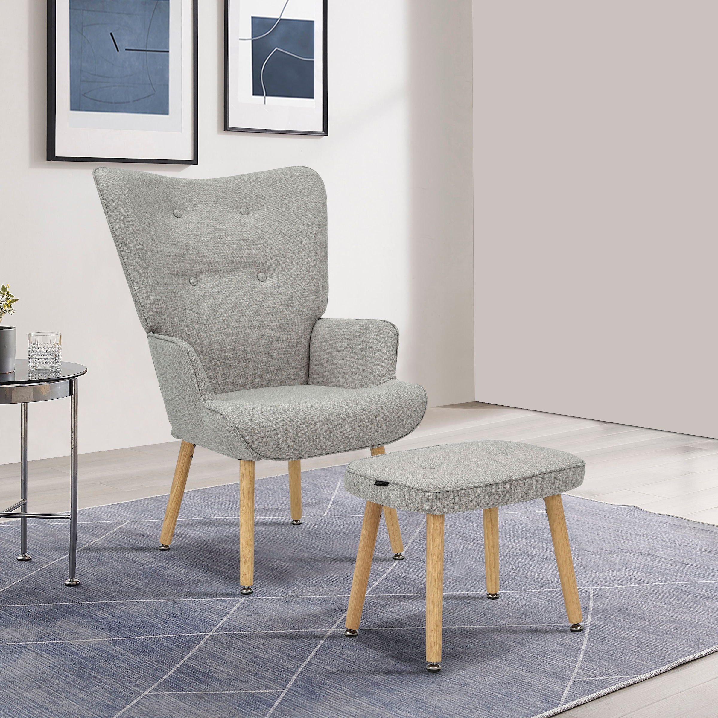INOSIGN Ohrensessel »PERHAM, Sessel mit Hocker im Set, Knopfheftung, Massivholz-Füße,«, komfortabler Relaxsessel und Sitz-Hocker mit Strukturbezug