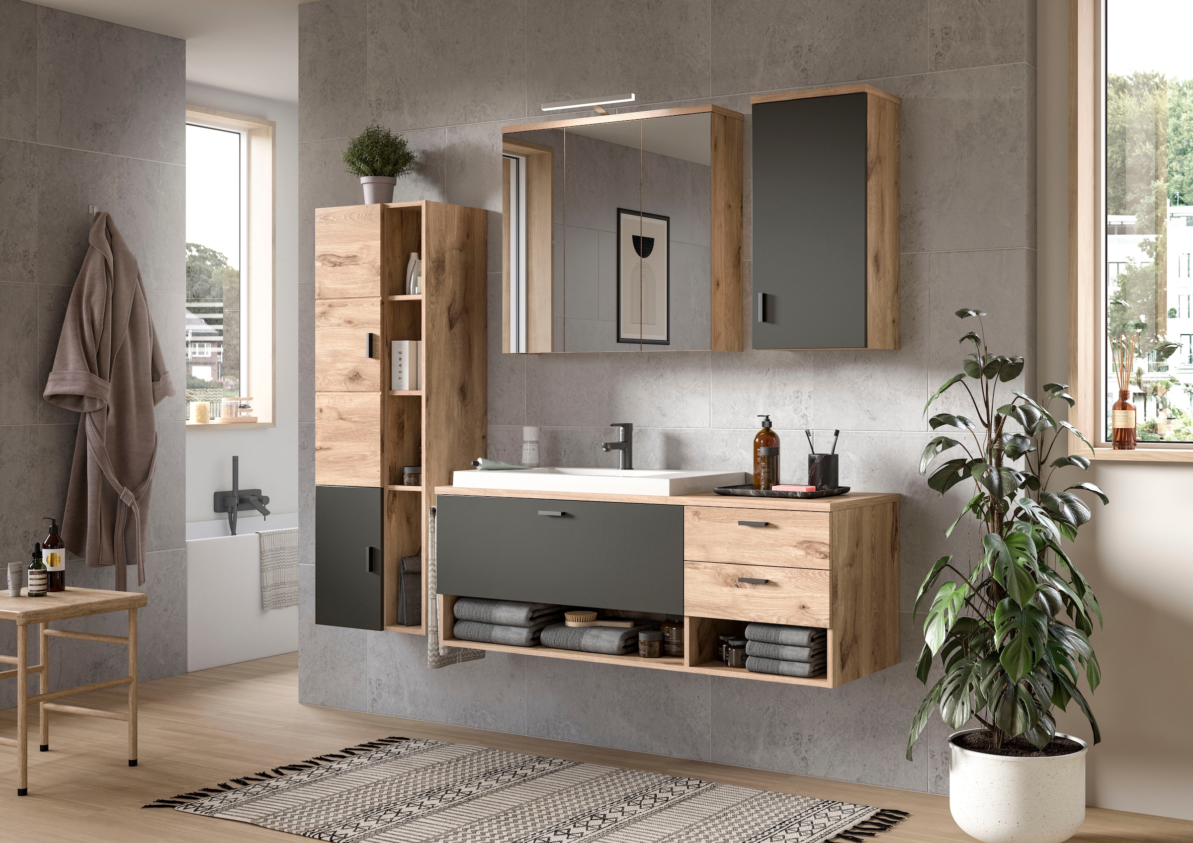 welltime Hochschrank »Dolo, Breite 48 cm, 2 Türen, 4 offene Fächer, 5 variable Einlegeböden«, (1 St.), Badmöbel, Hängeschrank, Badschrank, Schrank,Bad, Midischrank
