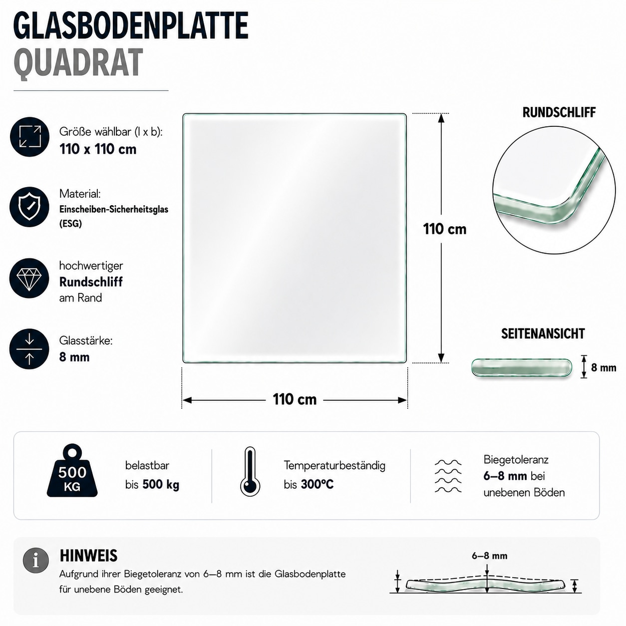 Hanseatic Bodenschutzplatte »Quadrat Glas 110x110x0,8« Funkenschutzplatte