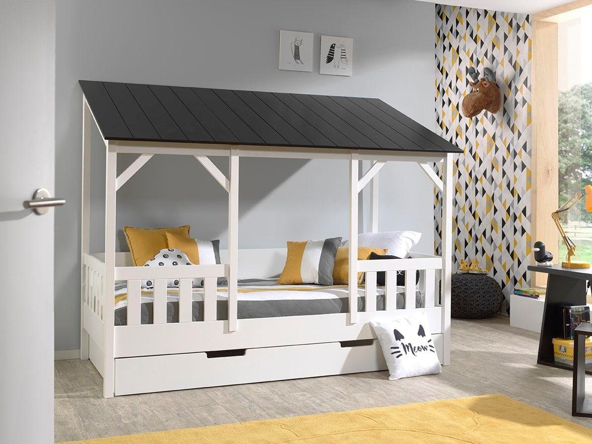 Vipack malia lit cabane 90x200 avec toit noir + lit gigogne