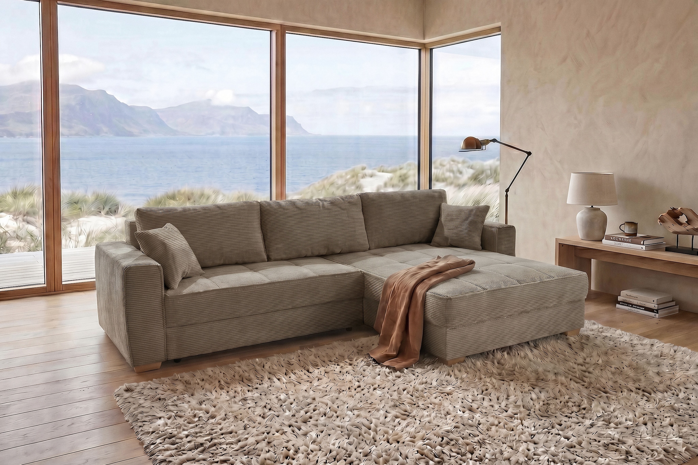 Jockenhöfer Gruppe Ecksofa »Bologna, L-Form, Breite: 298 cm, Cord-Bezug, beidseitig montierbar« mit Bettfunktion, Bettkasten&Zierkissen, Wellenfederung, XXL-Ottomane