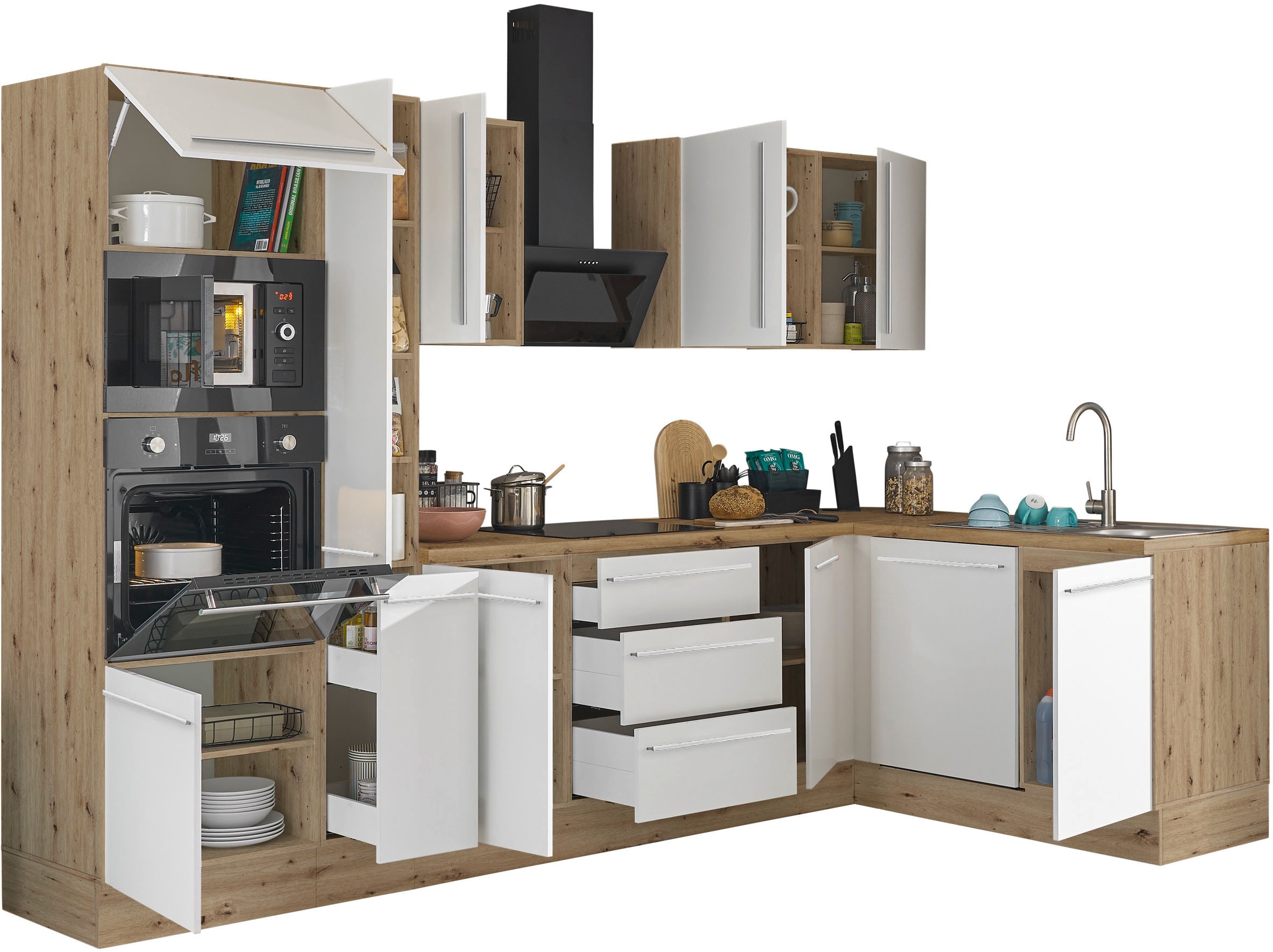 KOCHSTATION Winkelküche »Florida, Stellbreite 310x175 cm« wahlweise mit E-Geräten, mit Softclose für Türen und Schubkästen
