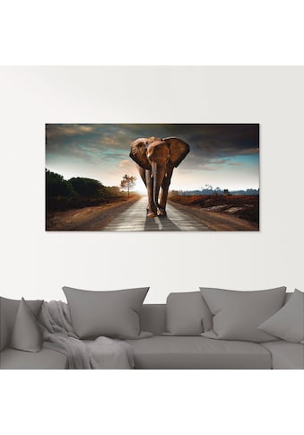 Glasbild »Ein Elefant läuft auf der Straße«, Wildtiere, (1 St.)