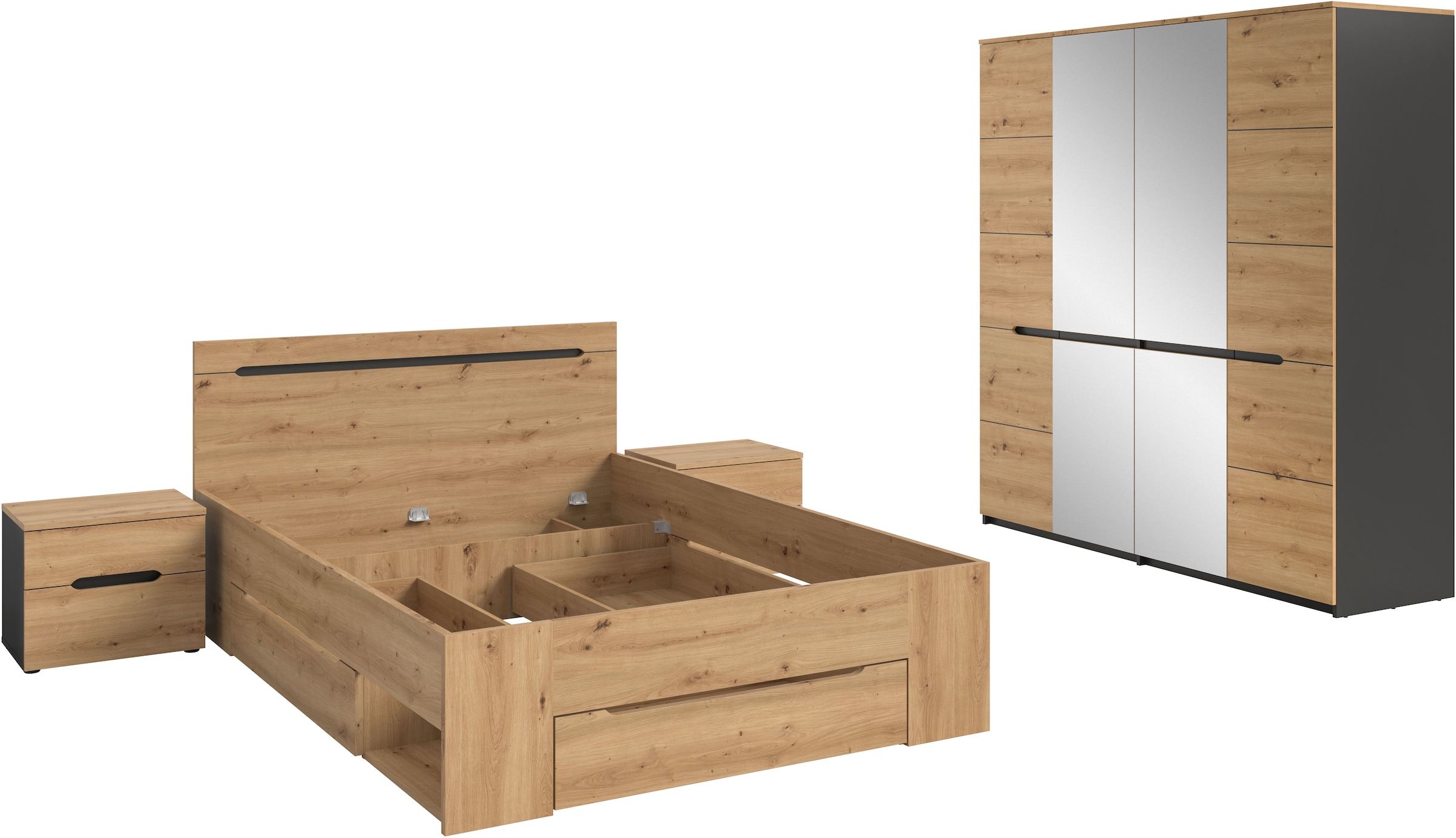 Home affaire Schlafzimmer-Set »REHAT, 4-teilig, best. aus: Bett, Kleiderschrank & 2x Nachtkommode«