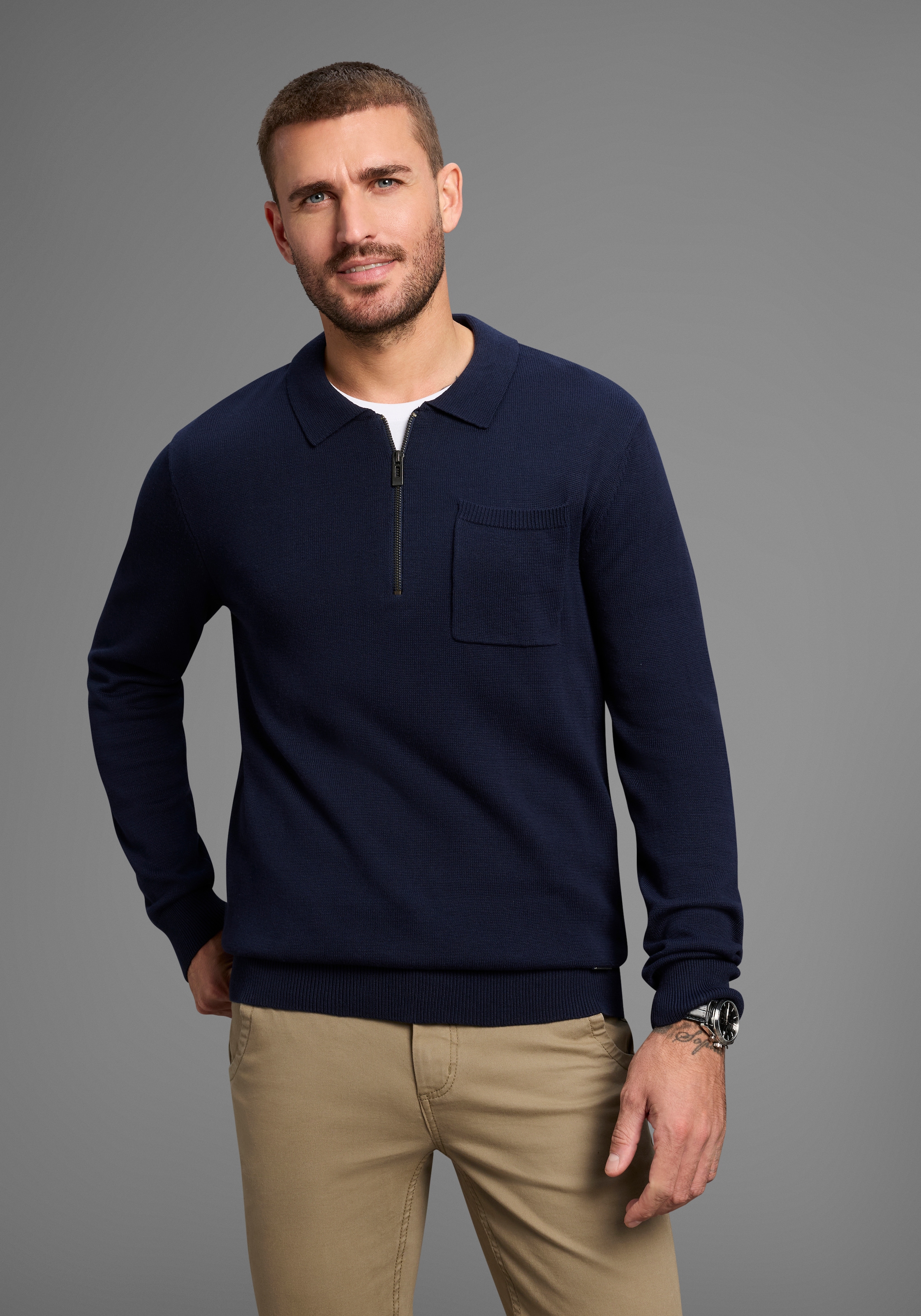 Bruno Banani Strickpullover mit Reißverschluss und Brusttasche