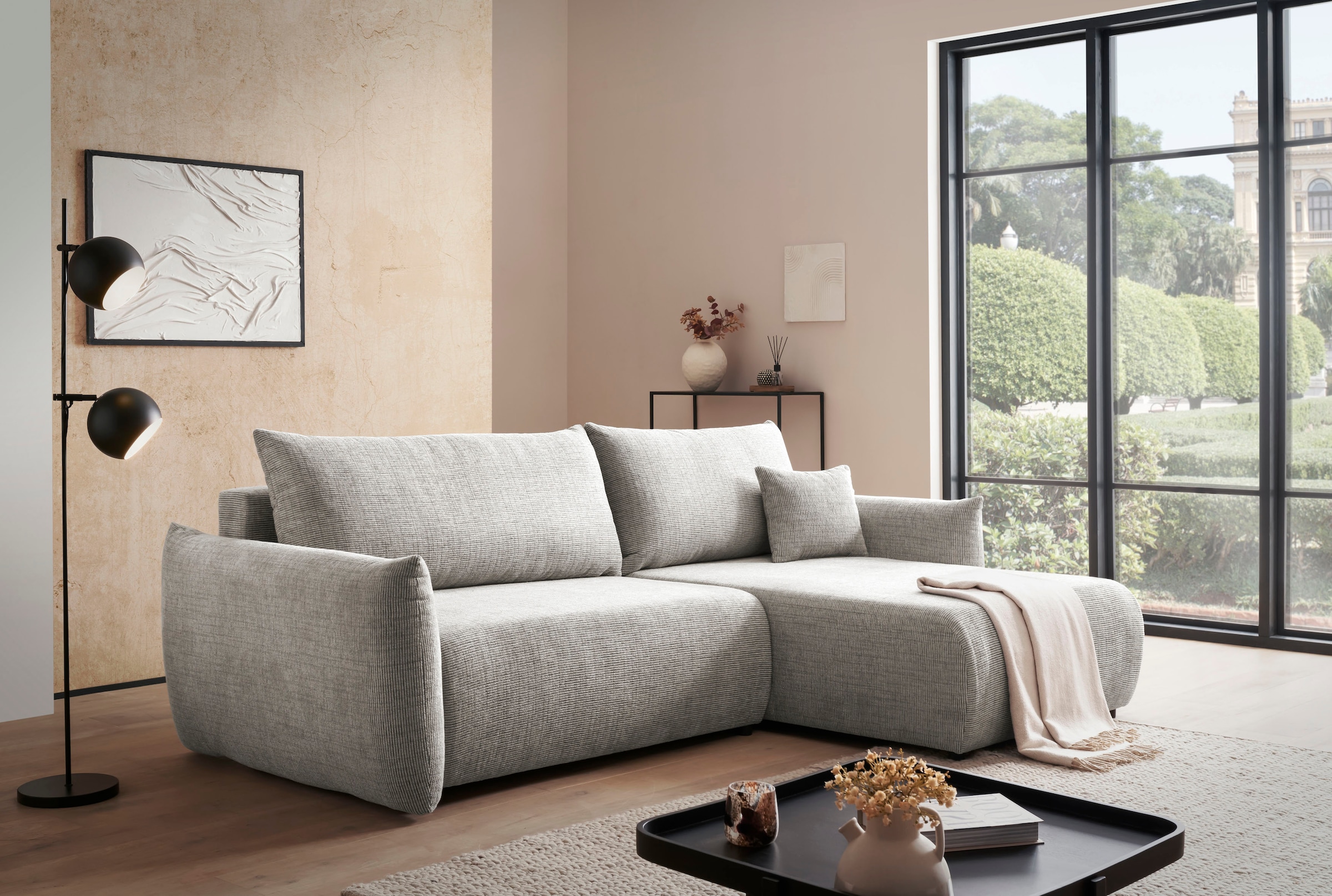 INOSIGN Ecksofa »MAVAS Schlafsofa mit Bettkasten, L-Form,«, ca.257/127cm (Liegefläche 212/145 cm), Cord, Chenille, Struktur