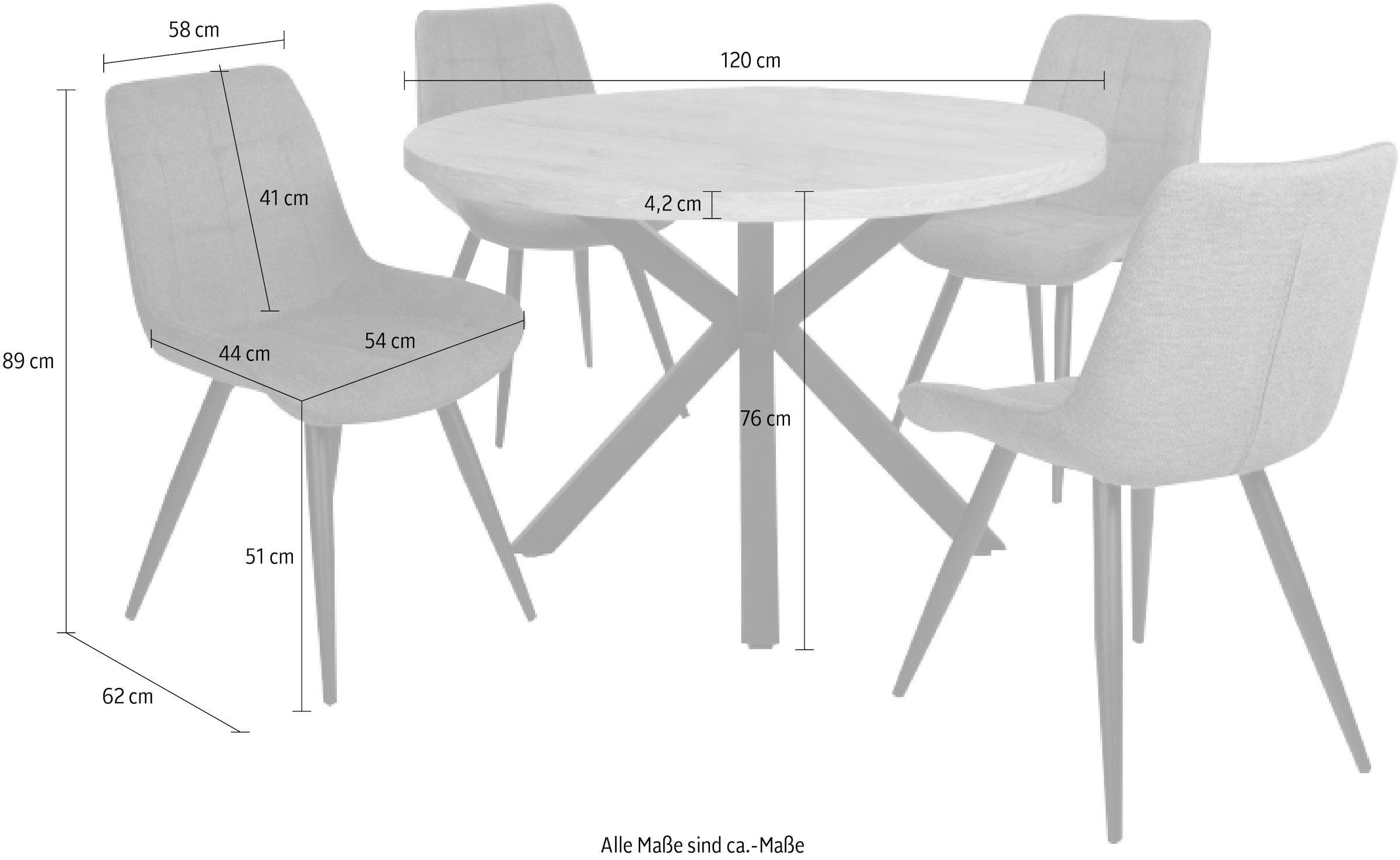Duo Collection Essgruppe »Esszimmergruppe Damira & Iris«, (Set, 5 tlg., 5-tlg.), Ø 120 cm, massives Metallgestell, bis 100 kg belastbar