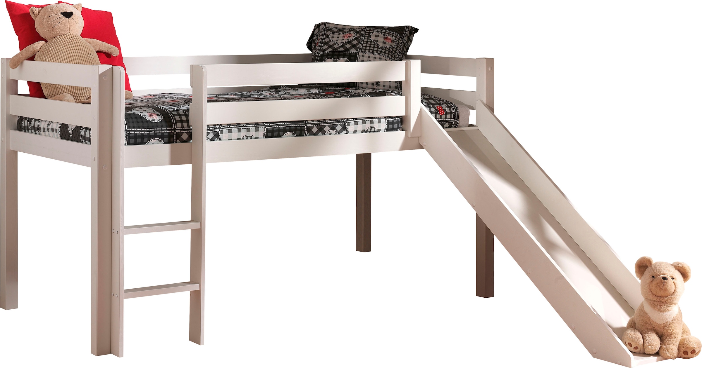 Vipack Hochbett »Pino, inkl. Rolllattenrost, Leiter, Rutsche und Absturzschutz«, (B/H/T ca. 210x114x218cm, Kiefer massiv, stabil und standfest), in verschiedenen Farben erhältlich