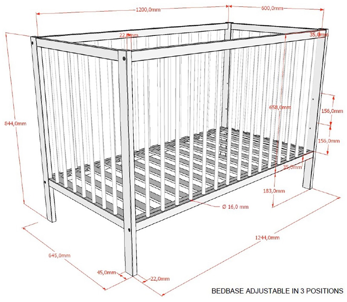 Vipack Babybett »DINO, ideal für Ihr Kinderzimmer, Made in Europe, Buche massiv« 60/120cm, Liegehöhe 3-fach höhenverstellbar, Buche Nussbaumfarbig