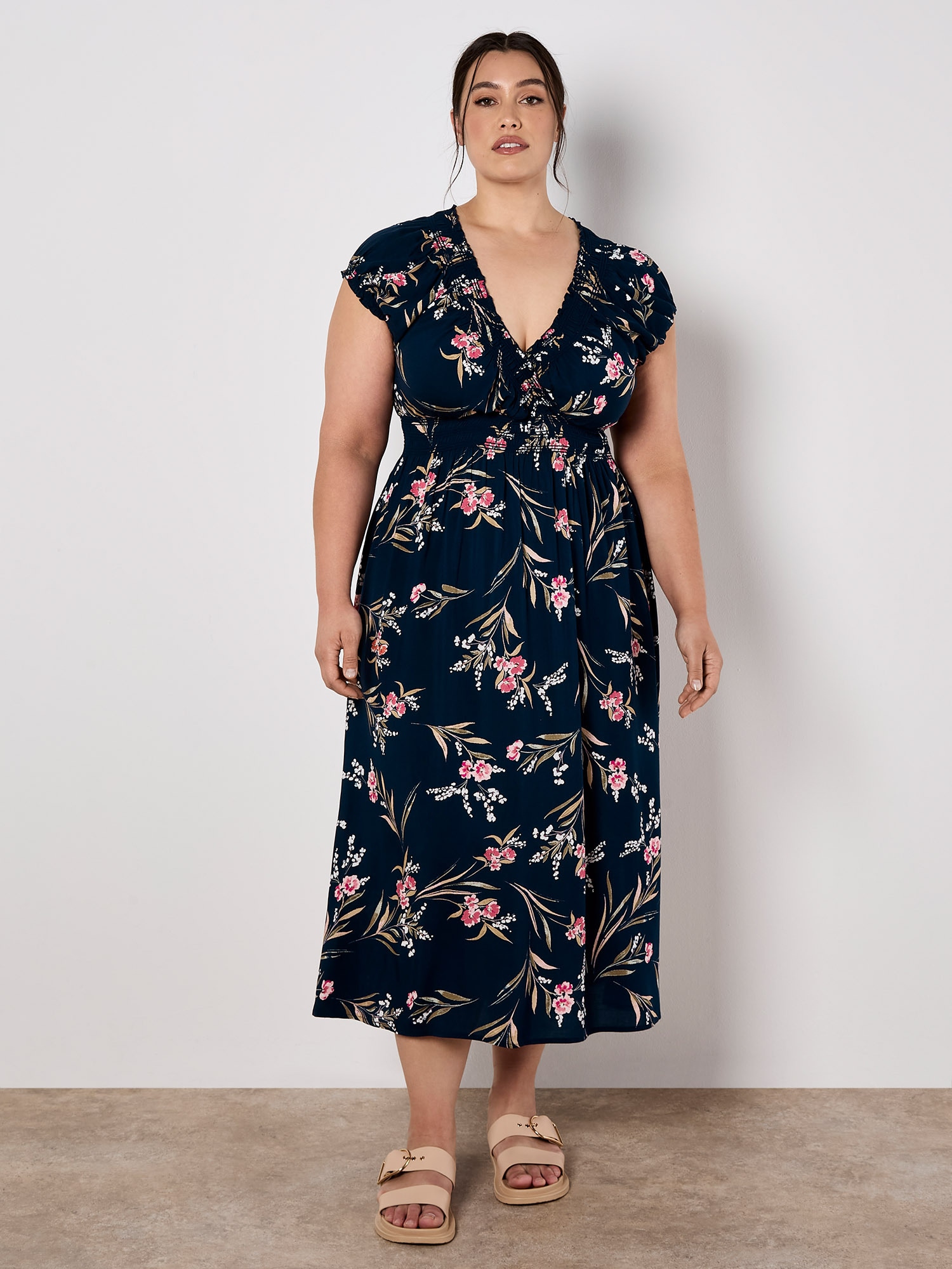 Apricot Druckkleid »Florales Maxikleid« mit gesmokter Taille