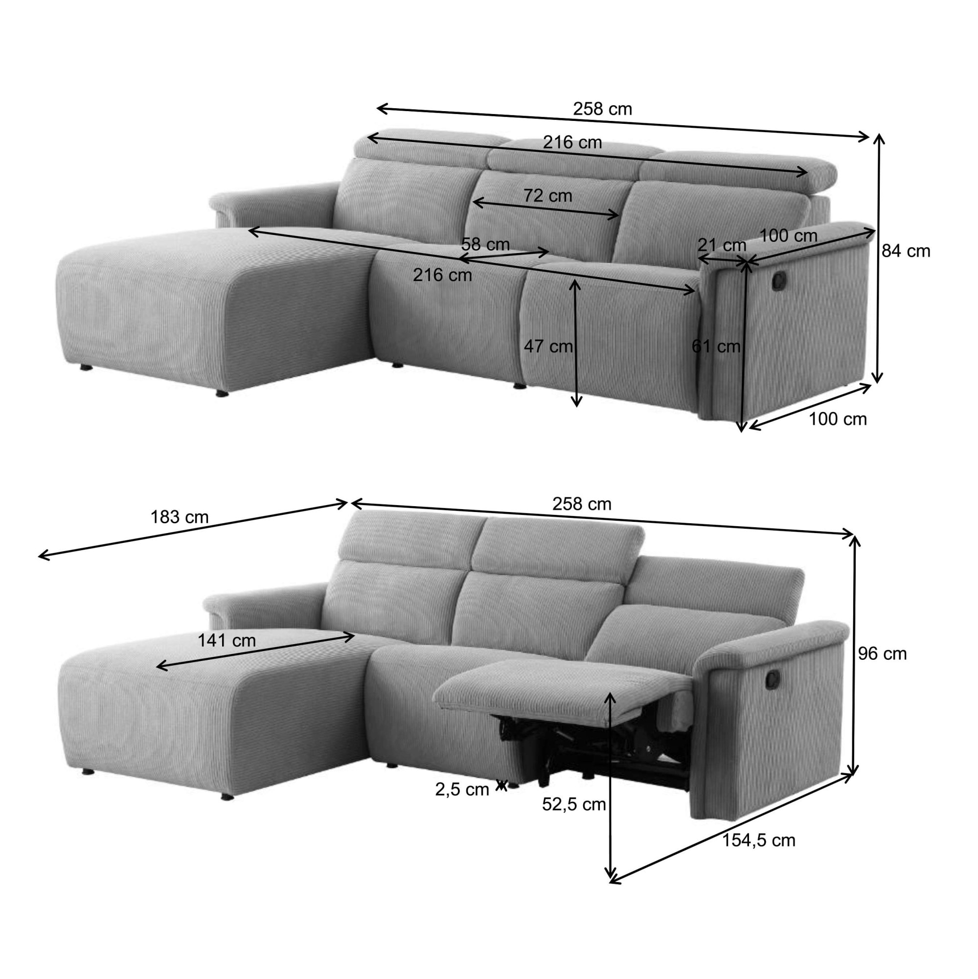 OTTO home Ecksofa »LUND Cord, L-Form, 258cm, man. o. elektr. Relaxfunktion (mit USB-A/C)« USB-A/C bei elektrischer Variante und Kopfteilverstellung