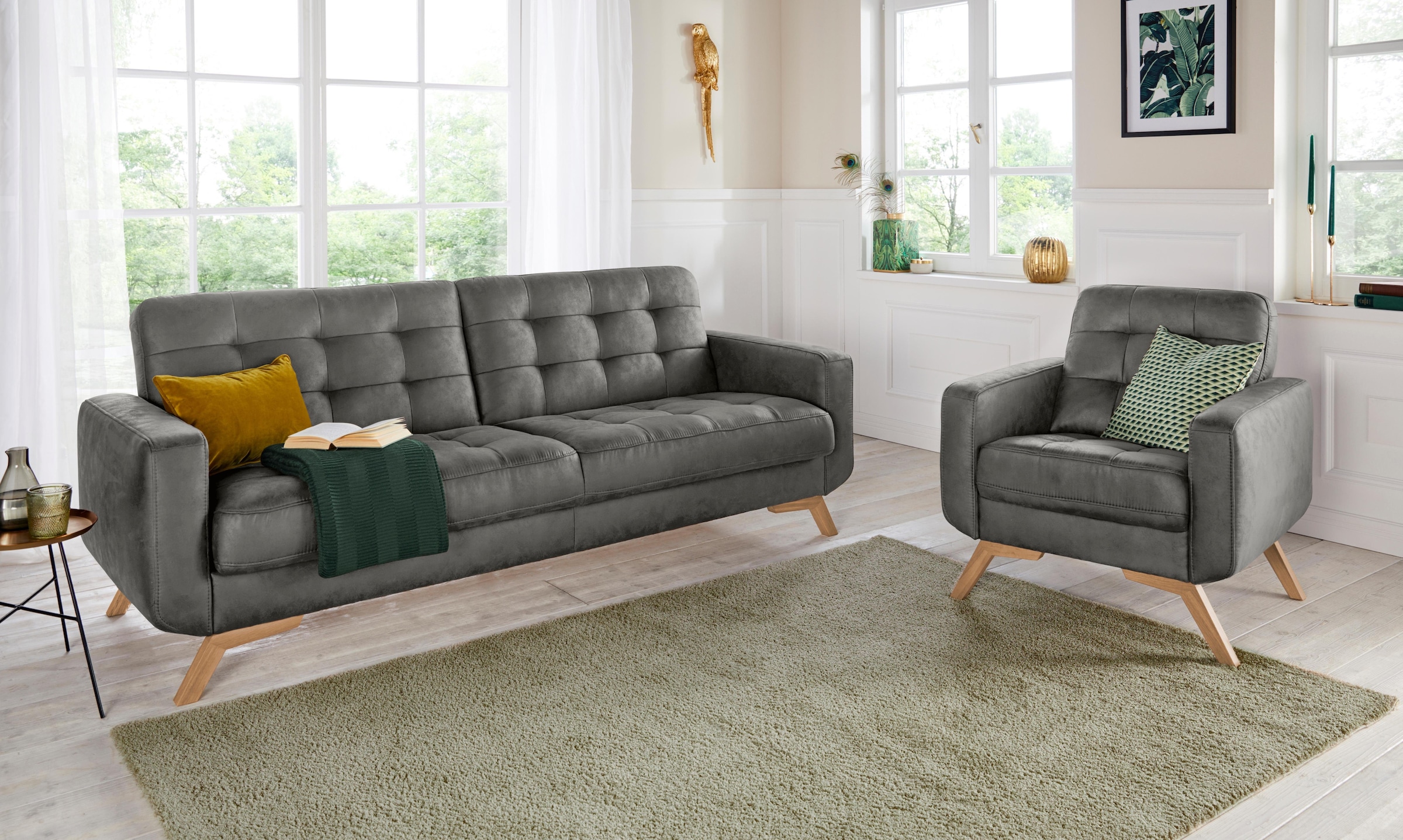 exxpo - sofa fashion 3-Sitzer »Fiord, aktuelles Design, tolle Detailverarbeitung im Sitz und Rücken«, bequem, wahlweise Kippcouch mit Bettfunktion und Bettkasten, Holzfuß