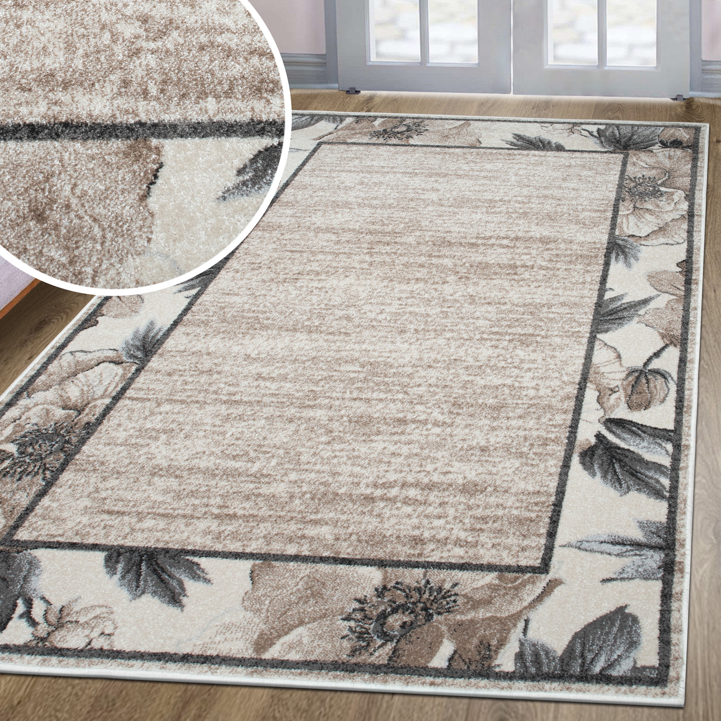 OTTO home Teppich »Florent mit Rahmen, Blumen Design« rechteckig 9 mm Höhe Floral, detailreiche Blüten, meliert, elegant, Wohnzimmer