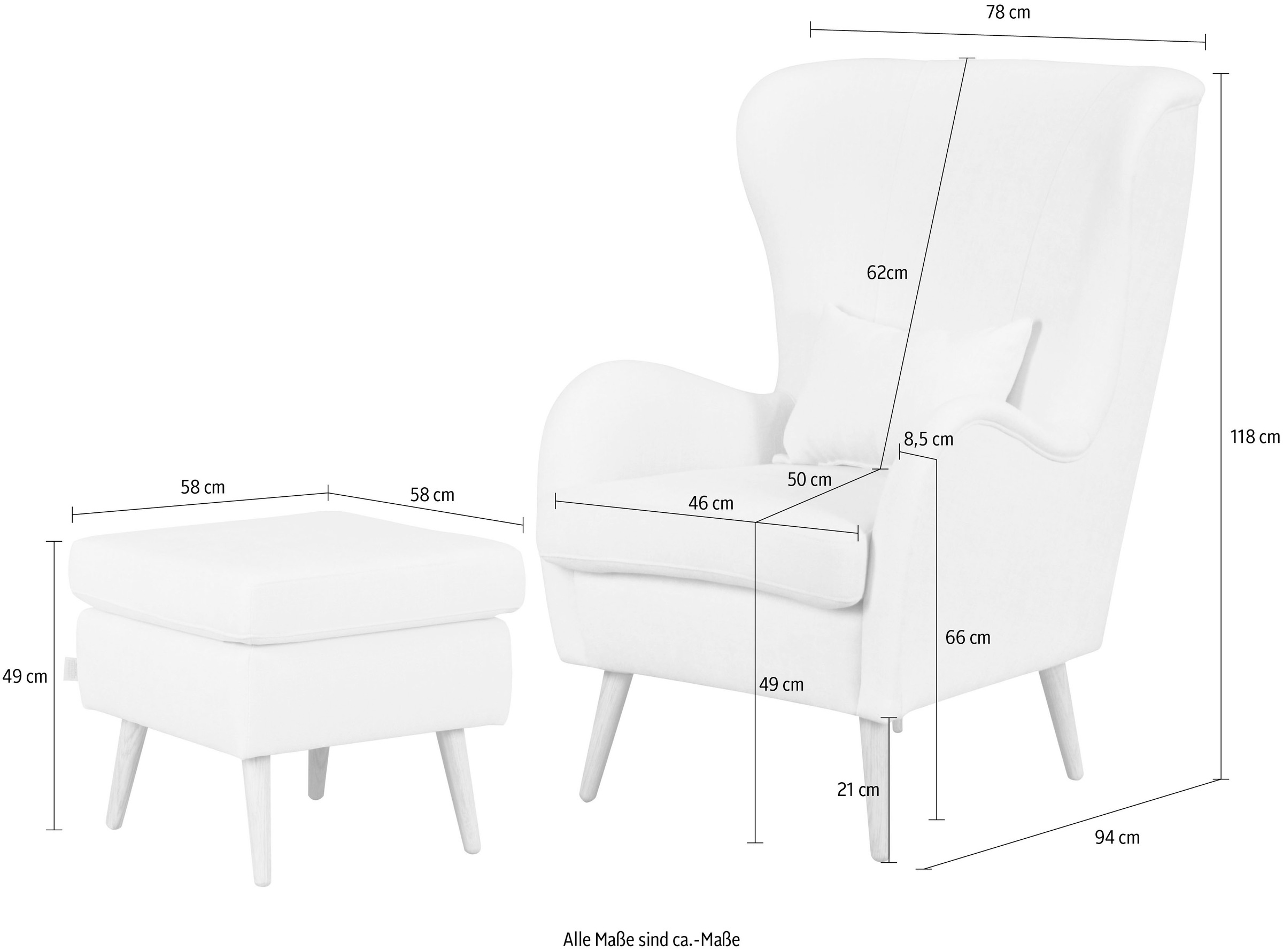 Guido Maria Kretschmer Home&Living Sessel »Salla auch in Fellimitat und Feincord, viele Bezugsarten, Ohrensessel«, wahlweise mit oder ohne Hocker; großer Sessel: Maße B/T/H: 78/94/118cm