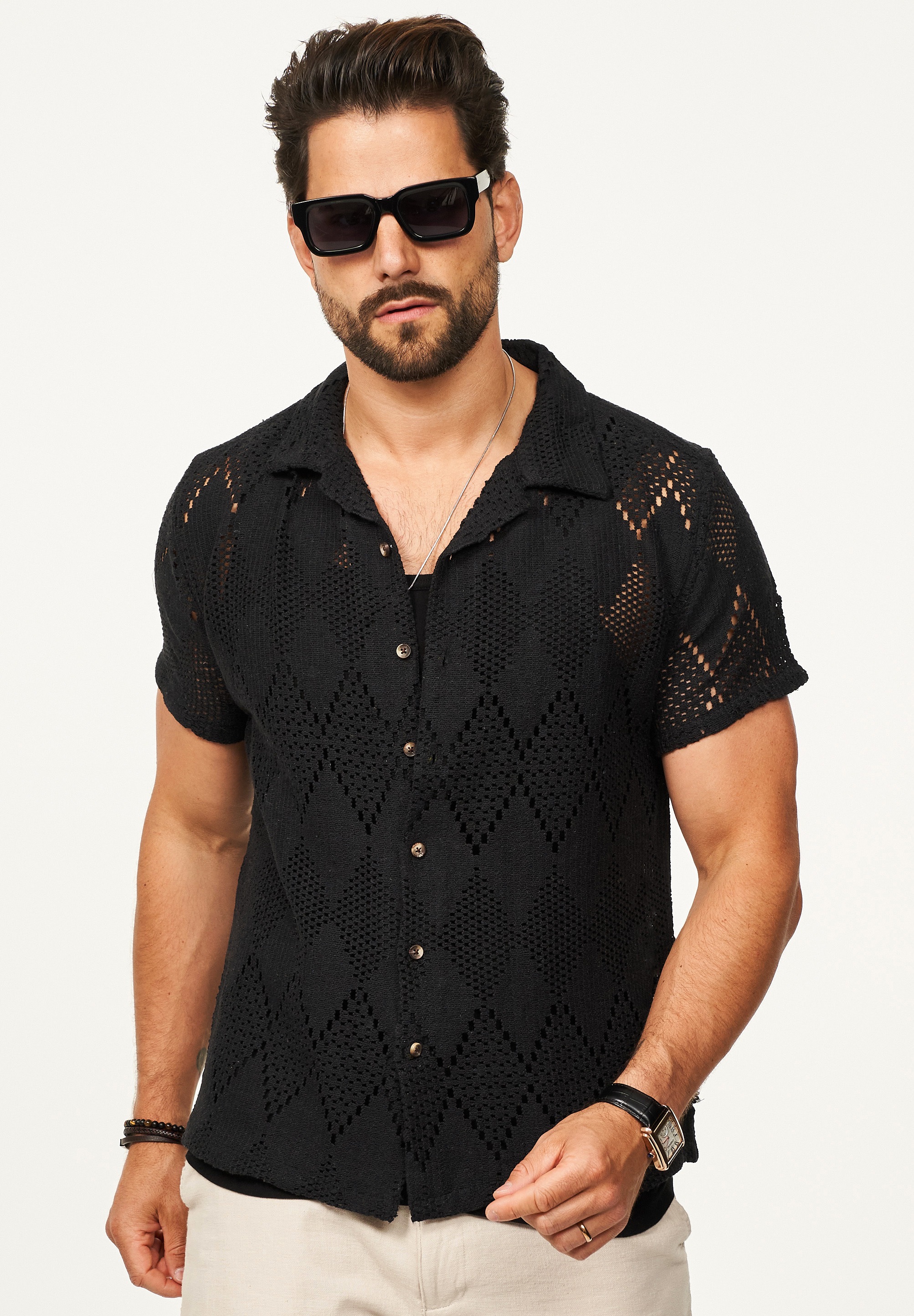 SOULSTAR Kurzarmhemd »Freizeithemd als Kurzam Strick Hemd im Retro-Look - Strick Polo-Hemd Overshirt im Regular-Fit für Herren« Herren Strick Polo-Hemd T-Shirt im Regular-Fit Festival Hemd
