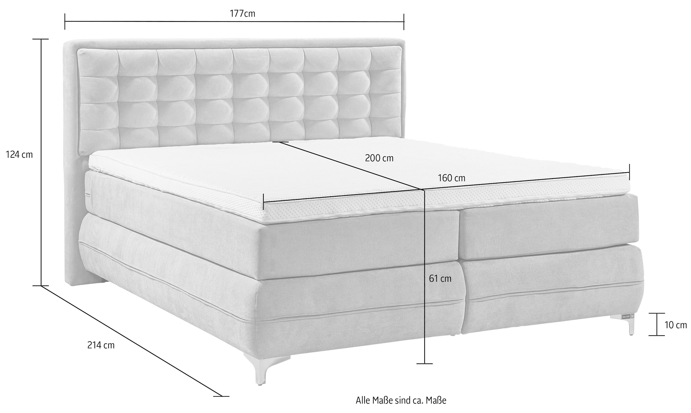 GALLERY M branded by Musterring Boxspringbett »Dubai«, Winkelfuß in Chrom, 3 Härtegrade, Kopfteil in Kassettensteppung