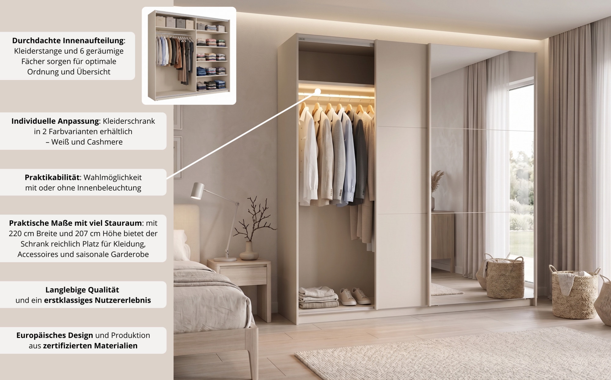 Home affaire Kleiderschrank »LISELOTTE mit Spiegel, wahlweise mit Beleuchtung, Breite 221 cm« Garderobe mit 2 Schwebetüren, weiß oder cashmere, B/H/T: 221×207×60 cm