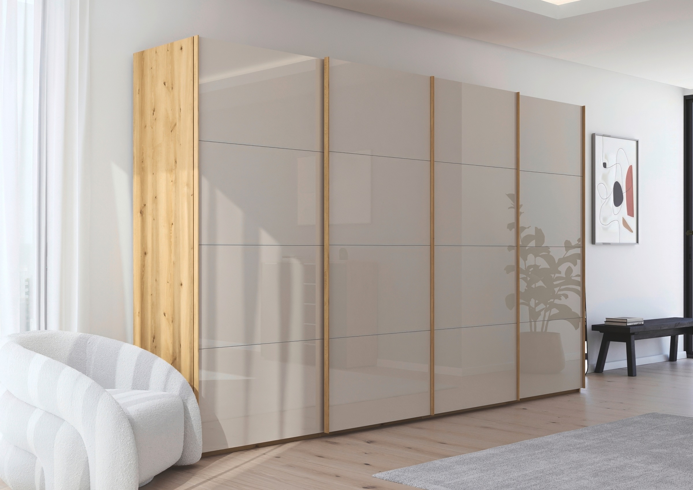 rauch Schwebetürenschrank »Kleiderschrank Schrank Garderobe Schlafzimmerschrank SCALE-FYRA«, edle viergeteilte Türen mit Glas-Front viele Farben MADE IN GERMANY